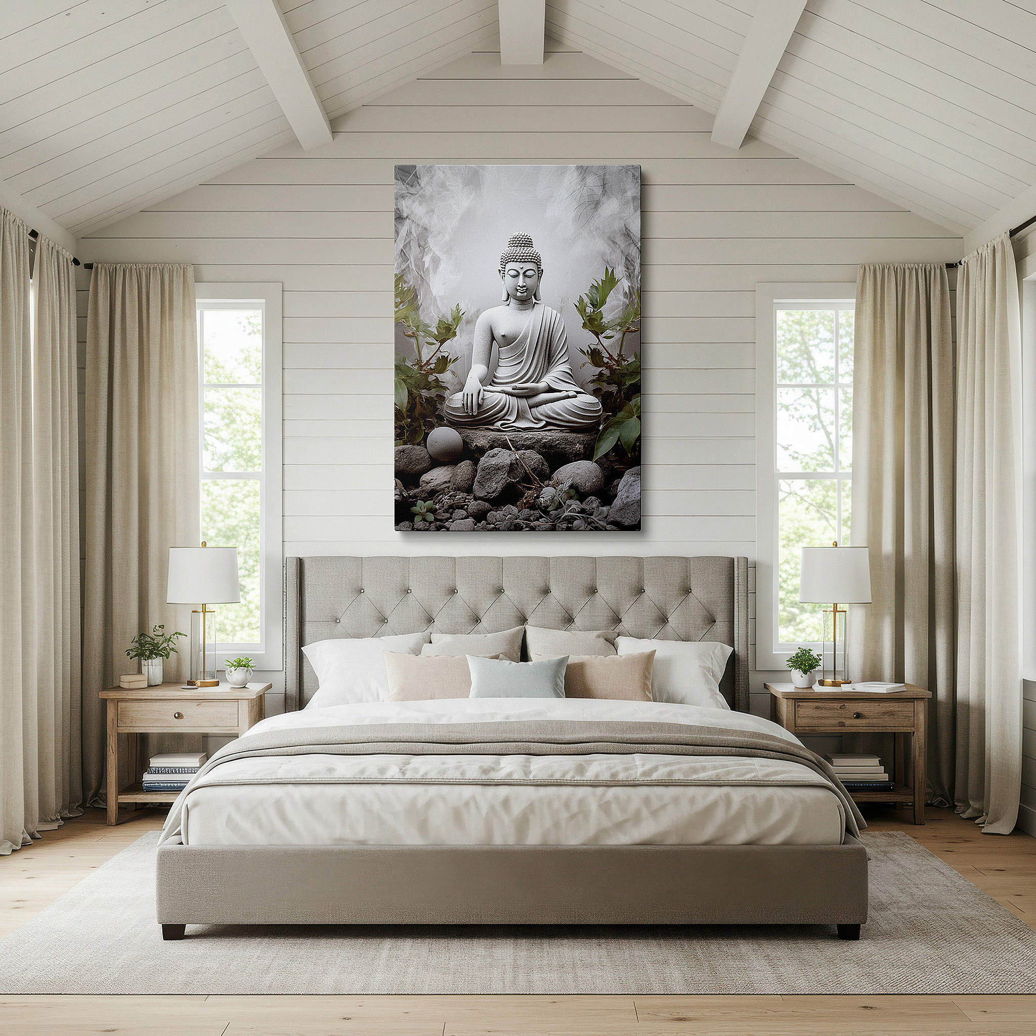 Hung in a cozy reading nook beside a floor lamp and bookshelf — wall art: tranquil white marble buddha surrounded by verdant foliage - a representation of peace and enlightenment. ideal for home or office decor, available as large canvas wall art.