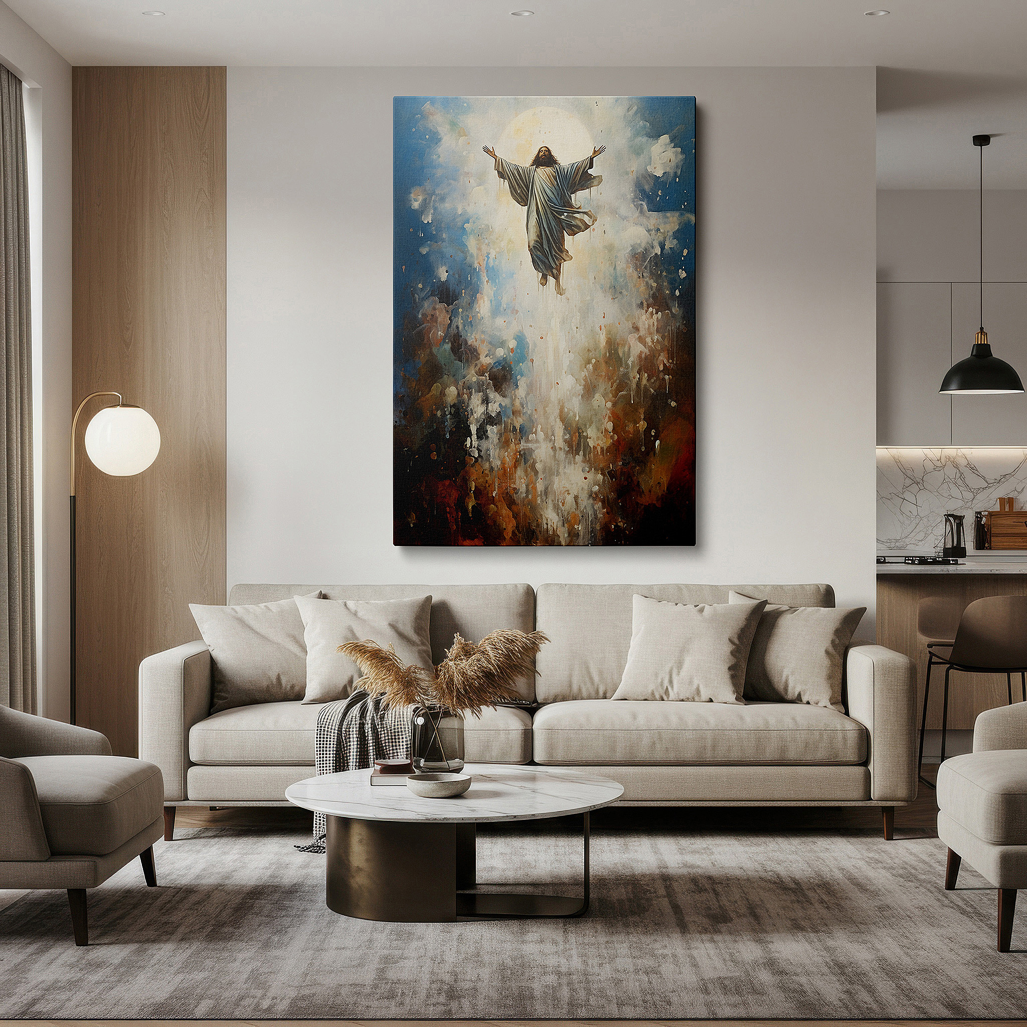 Hung in a cozy reading nook beside a floor lamp and bookshelf — wall decor: "ascension amidst vibrant hues" - a celestial journey in blues, golds, and reds. large canvas art for office and bedroom walls