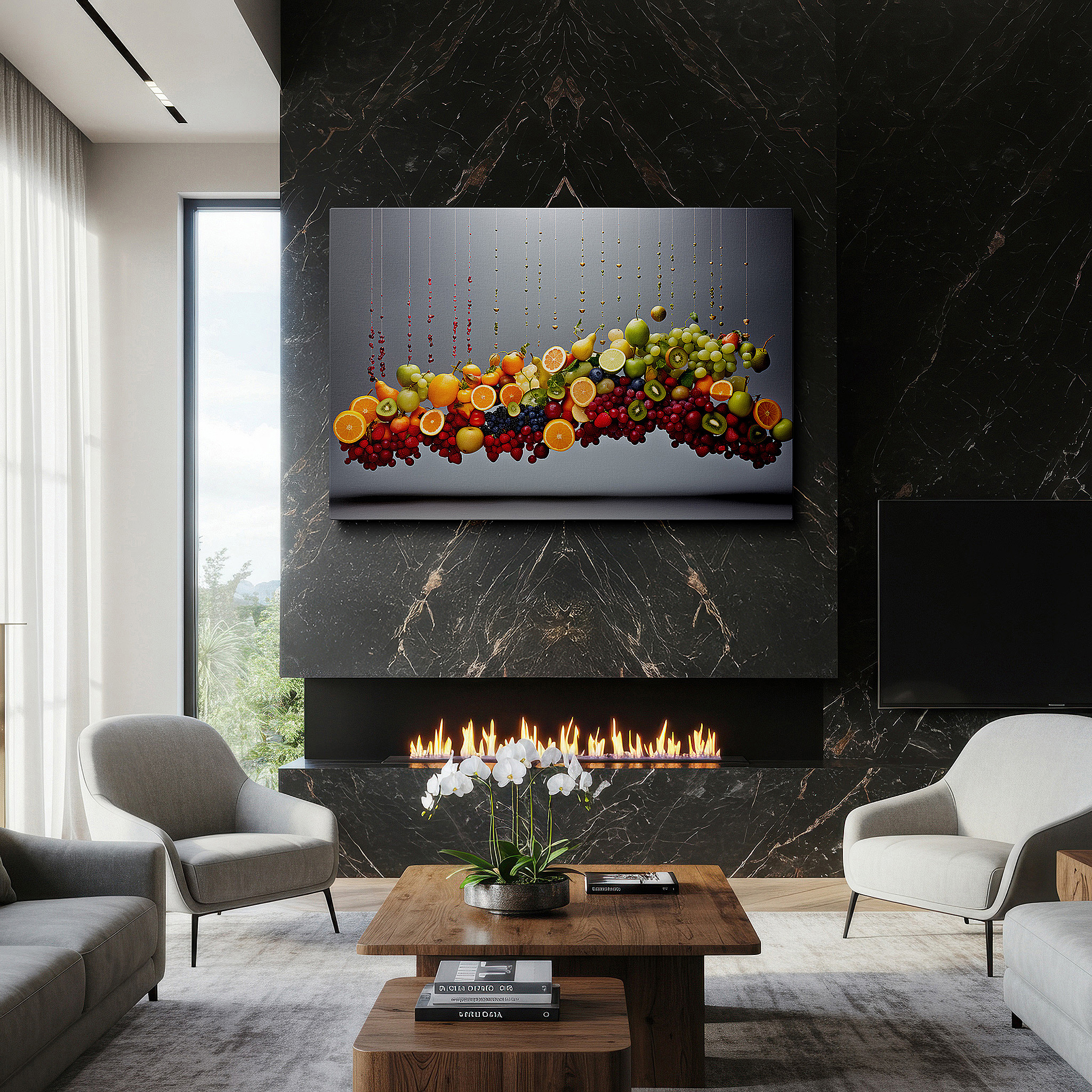 Hung in a cozy reading nook beside a floor lamp and bookshelf — wall decor: captivating floating fruit display showcasing nature's playful bounty - ideal for living room, office, or bedroom decorations