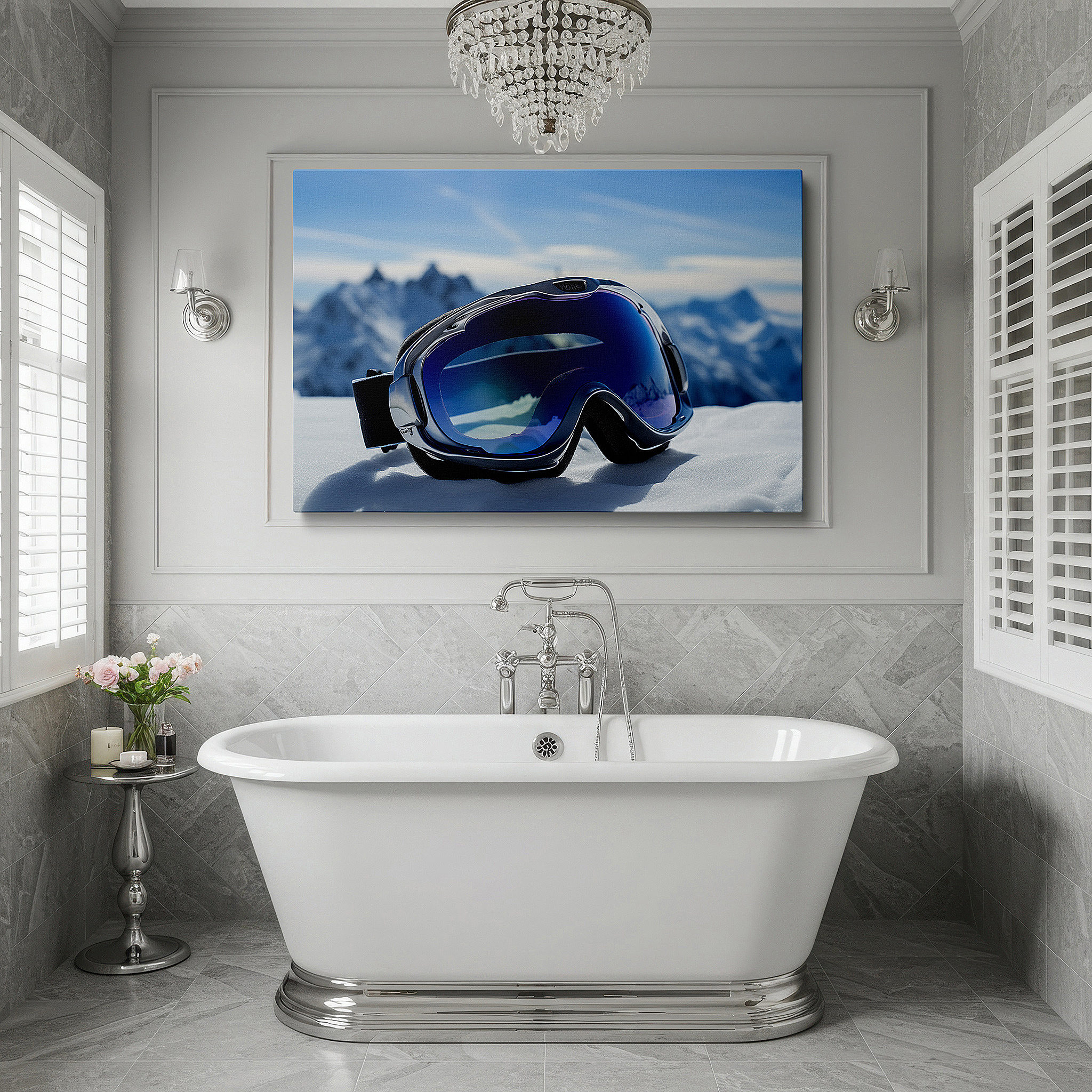 Hung in a cozy reading nook beside a floor lamp and bookshelf — wall decor: elegant winter sports scene with reflective ski goggles and snow-capped peaks - large canvas art for office and home