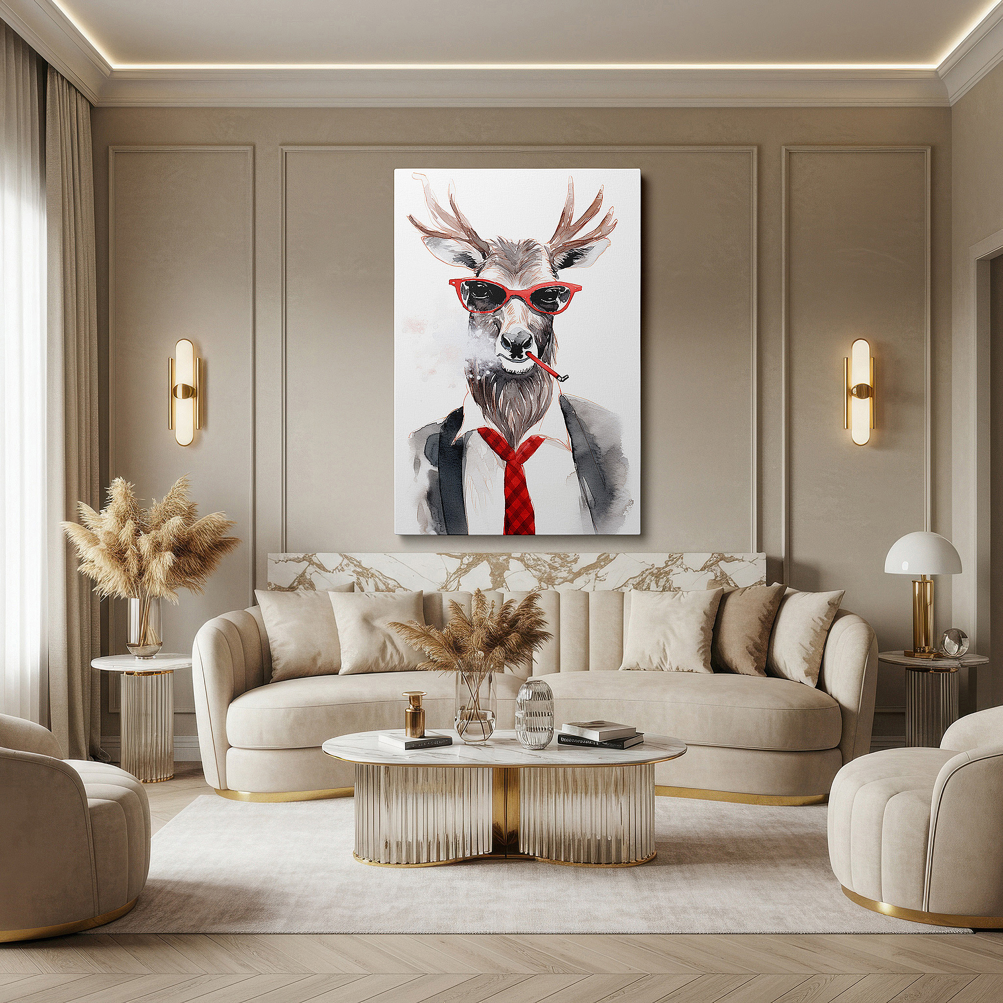 Hung in a cozy reading nook beside a floor lamp and bookshelf — wall decor: elegant yet playful deer in suit and red sunglasses - large canvas art for office and home