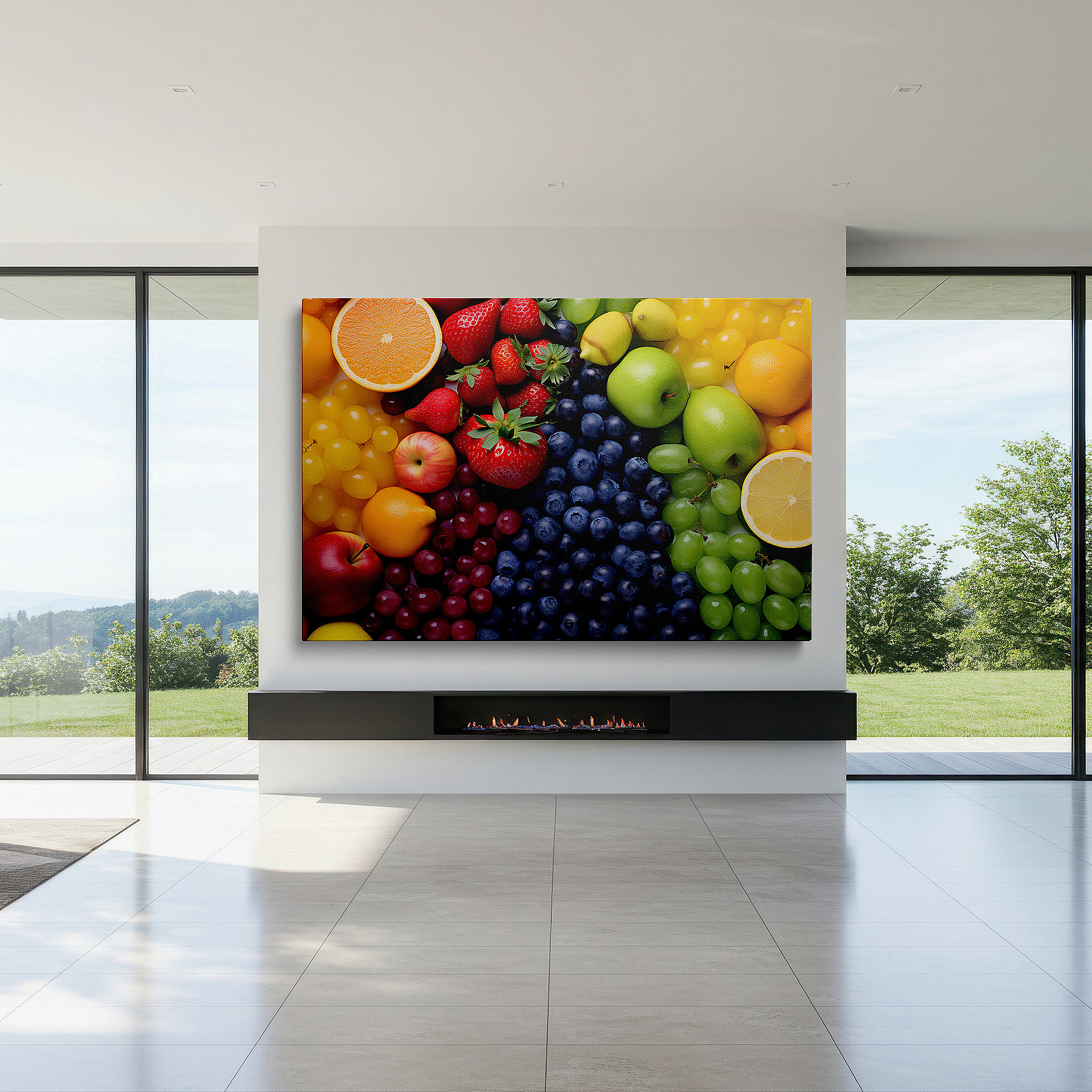 Hung in a cozy reading nook beside a floor lamp and bookshelf — wall decor: a lively blend of nature's hues and fresh fruit, encouraging wellness and culinary innovation - large canvas art for home and office decor
