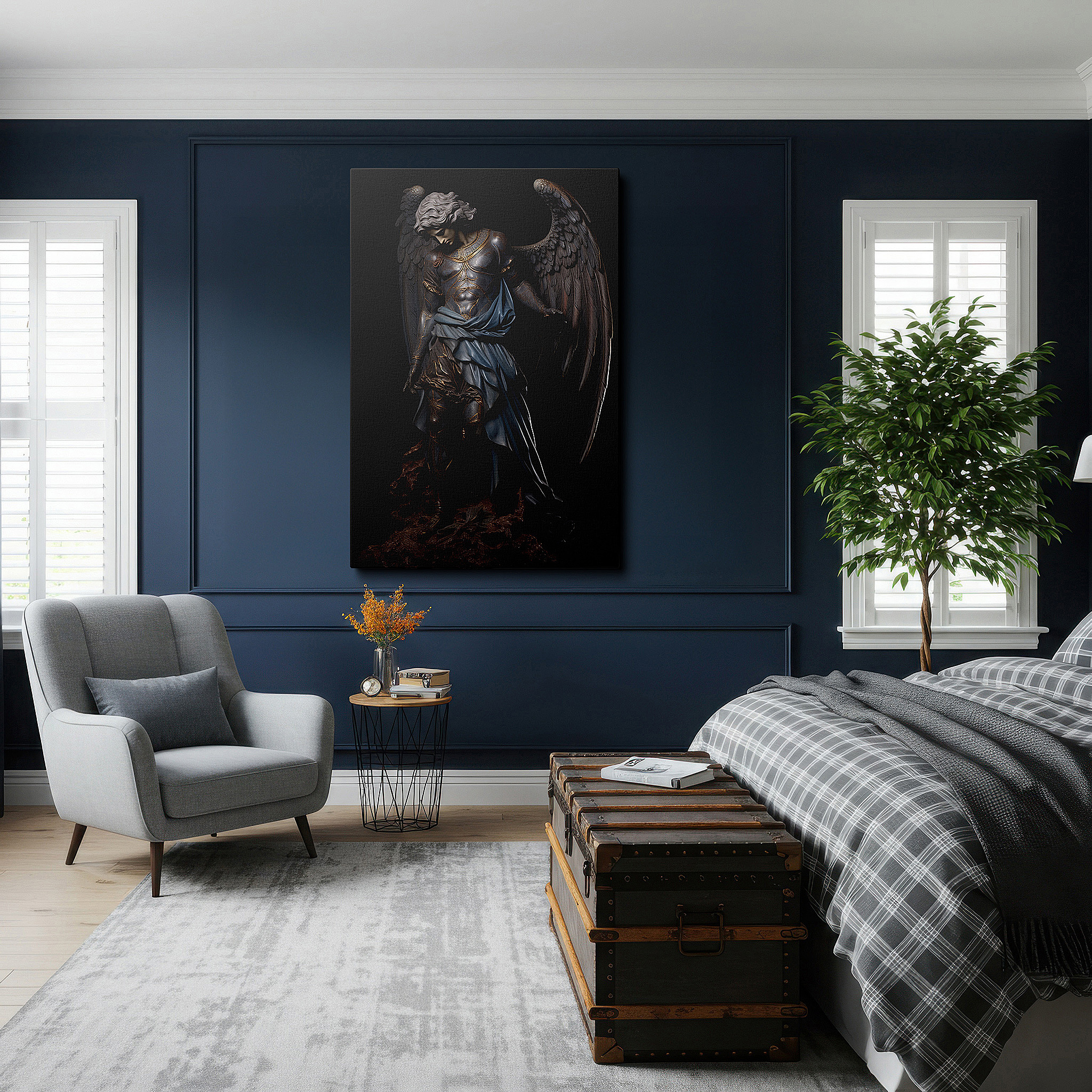 Hung in a cozy reading nook beside a floor lamp and bookshelf — wall decor: majestic guardian angel in ornate armor - a symbol of divine protection and celestial grace, large canvas art for home and office