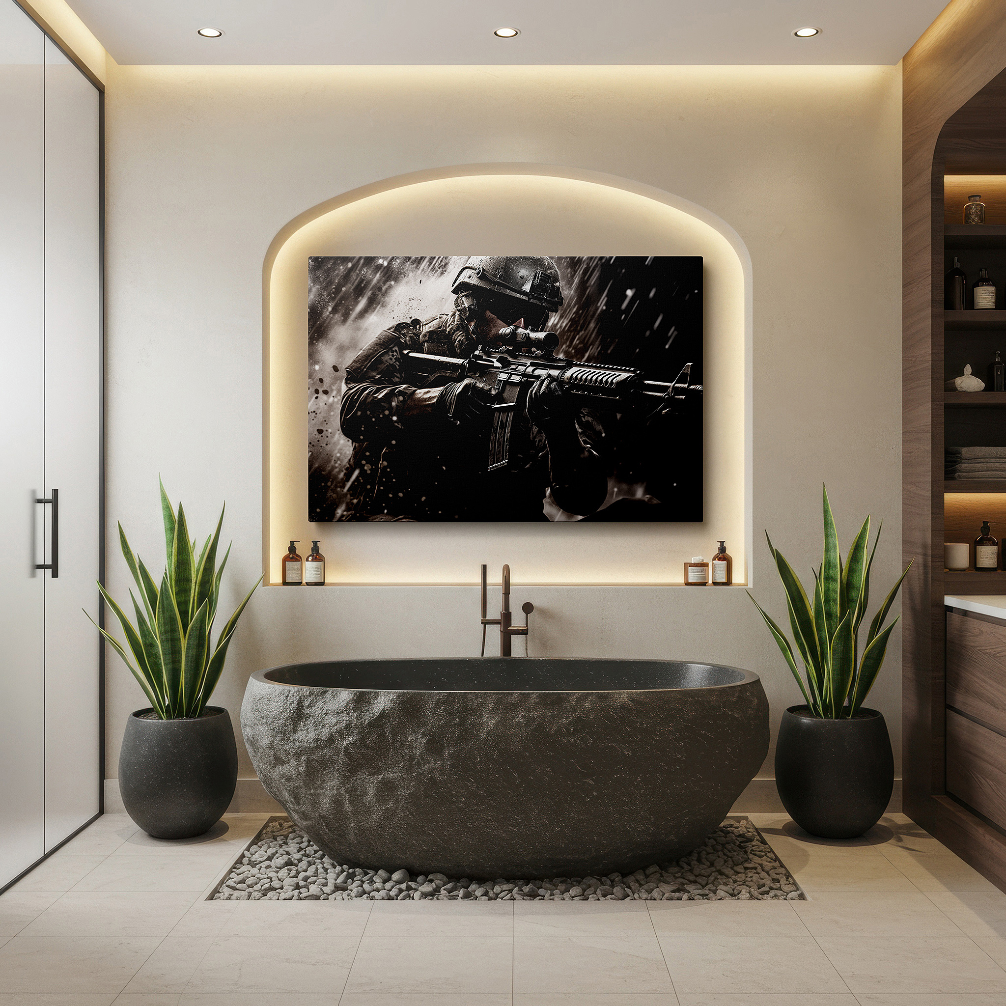 Hung in a cozy reading nook beside a floor lamp and bookshelf — warrior in battle: a striking depiction of war's brutal truths and heroic alertness - large wall art, canvas wall art, wall decor, office wall art