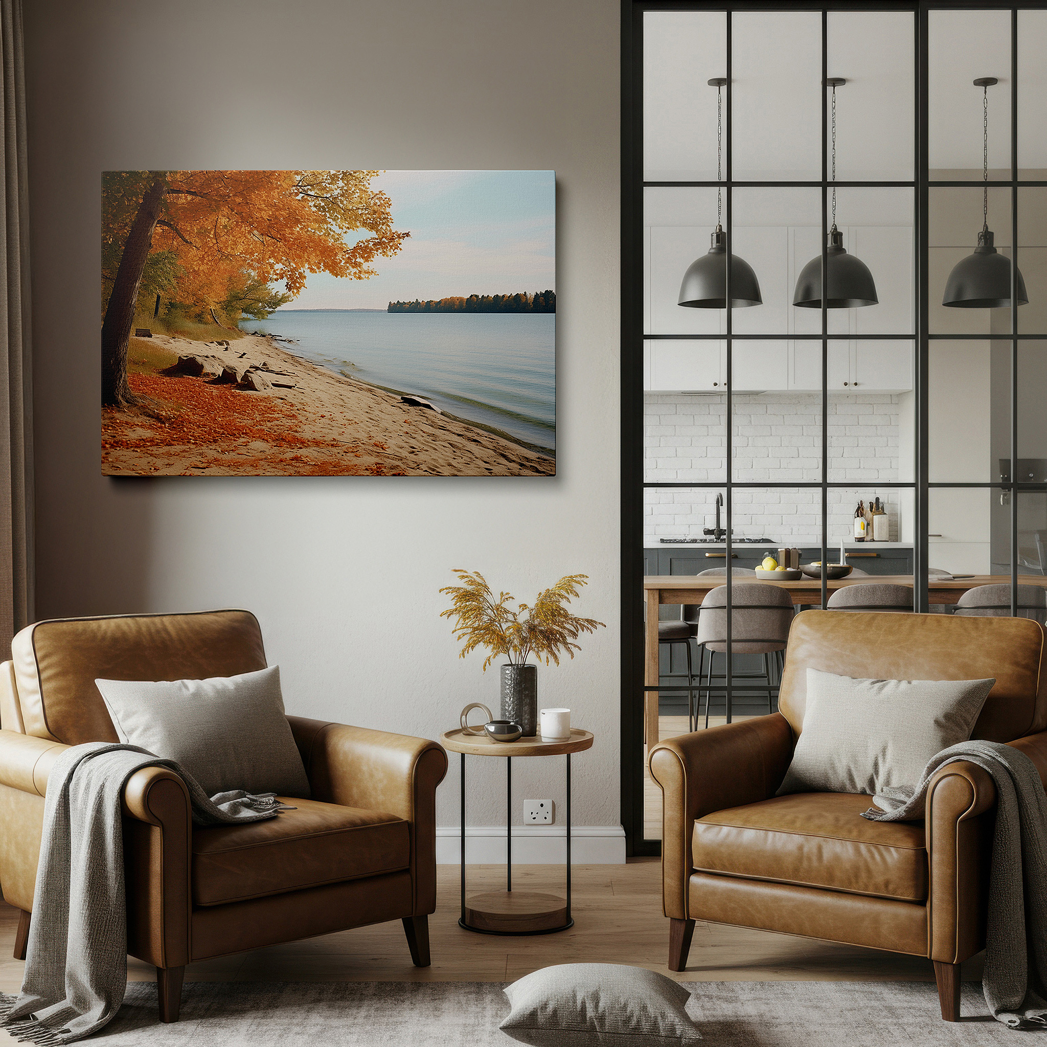 Installation made easy with a centered hook and clean wire mount — autumn lakeside reflections in golden hues - large canvas wall art for office, bedroom, and living room decor