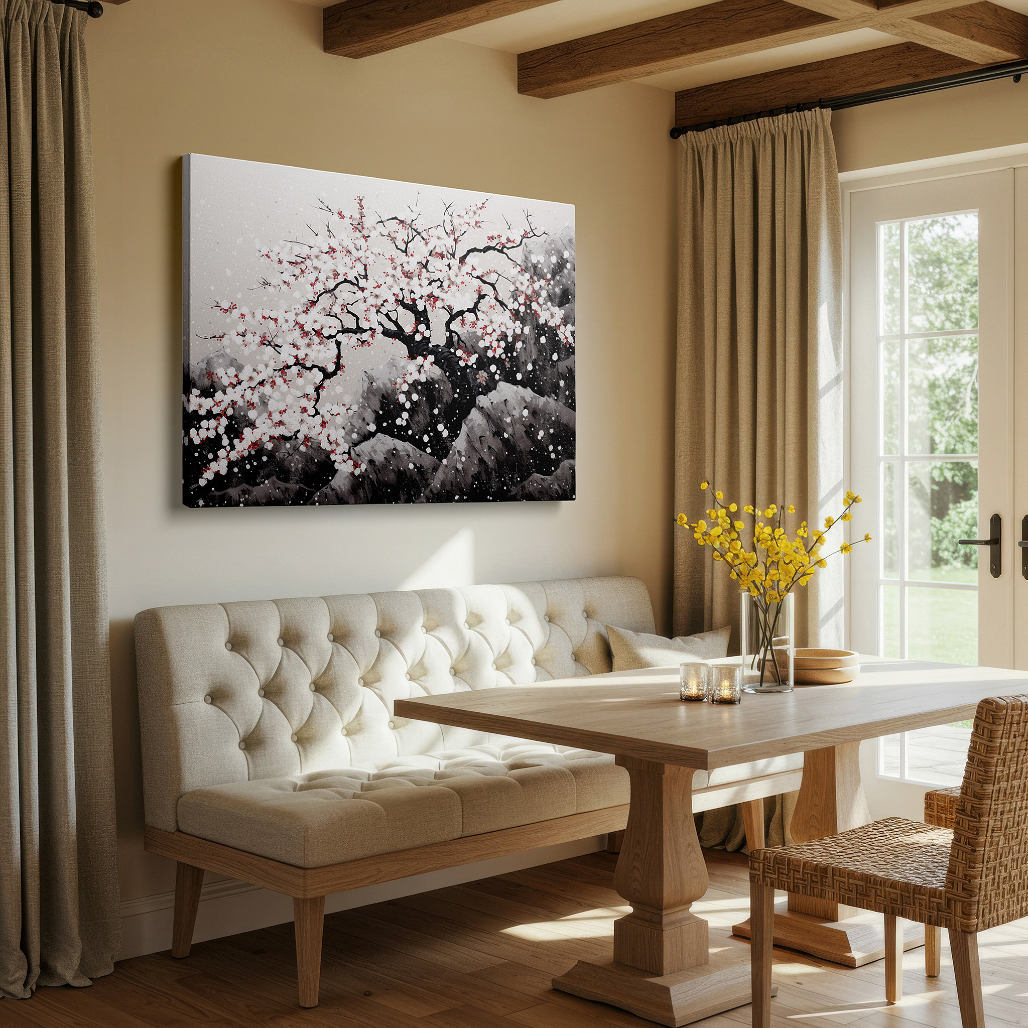 Installation made easy with a centered hook and clean wire mount — cherry blossoms and snow-capped mountains large canvas wall art for office and bedroom decor