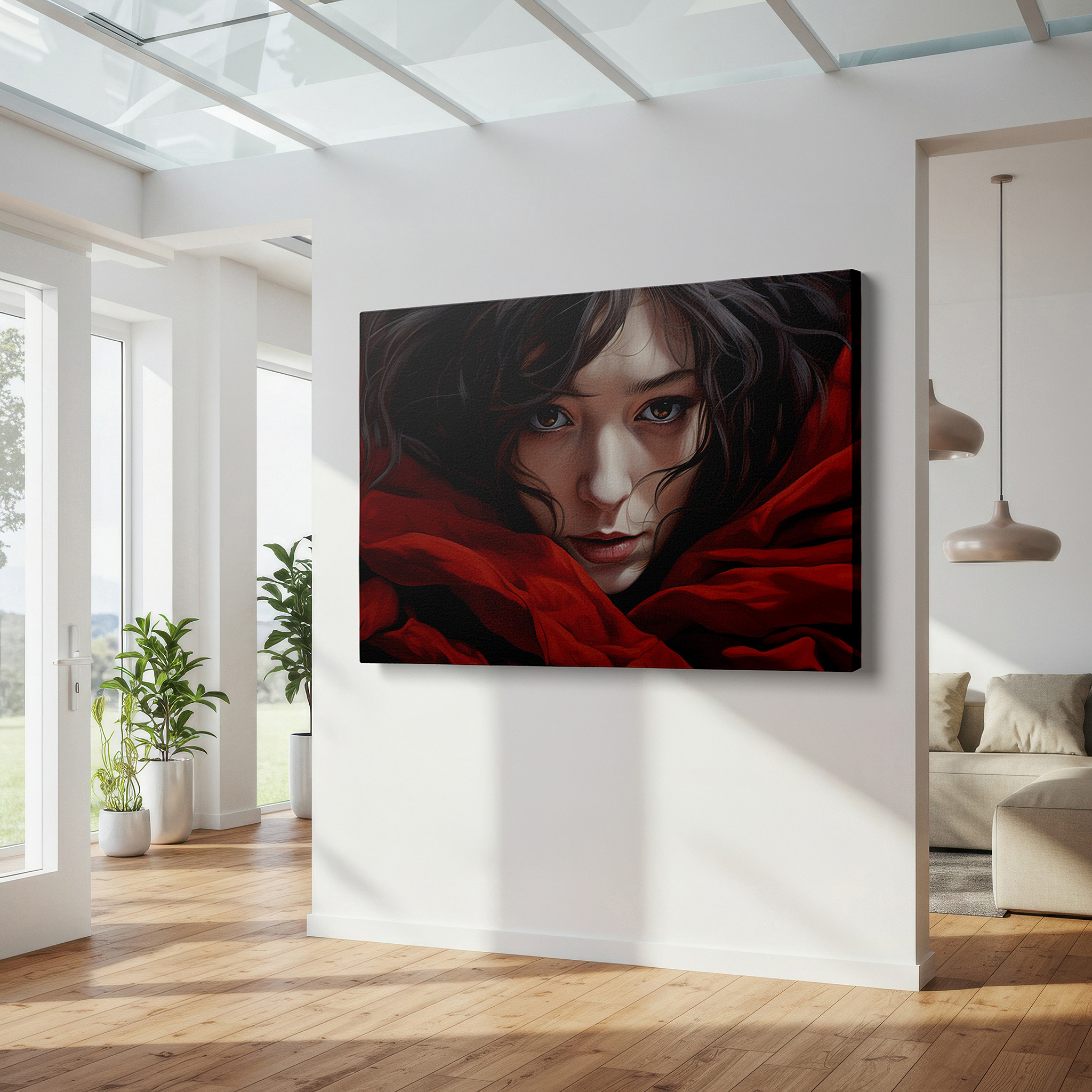 Installation made easy with a centered hook and clean wire mount — contemplation in red: a serene portrait draped in luxurious fabric, encouraging profound reflection - large wall art, canvas wall art, wall decor