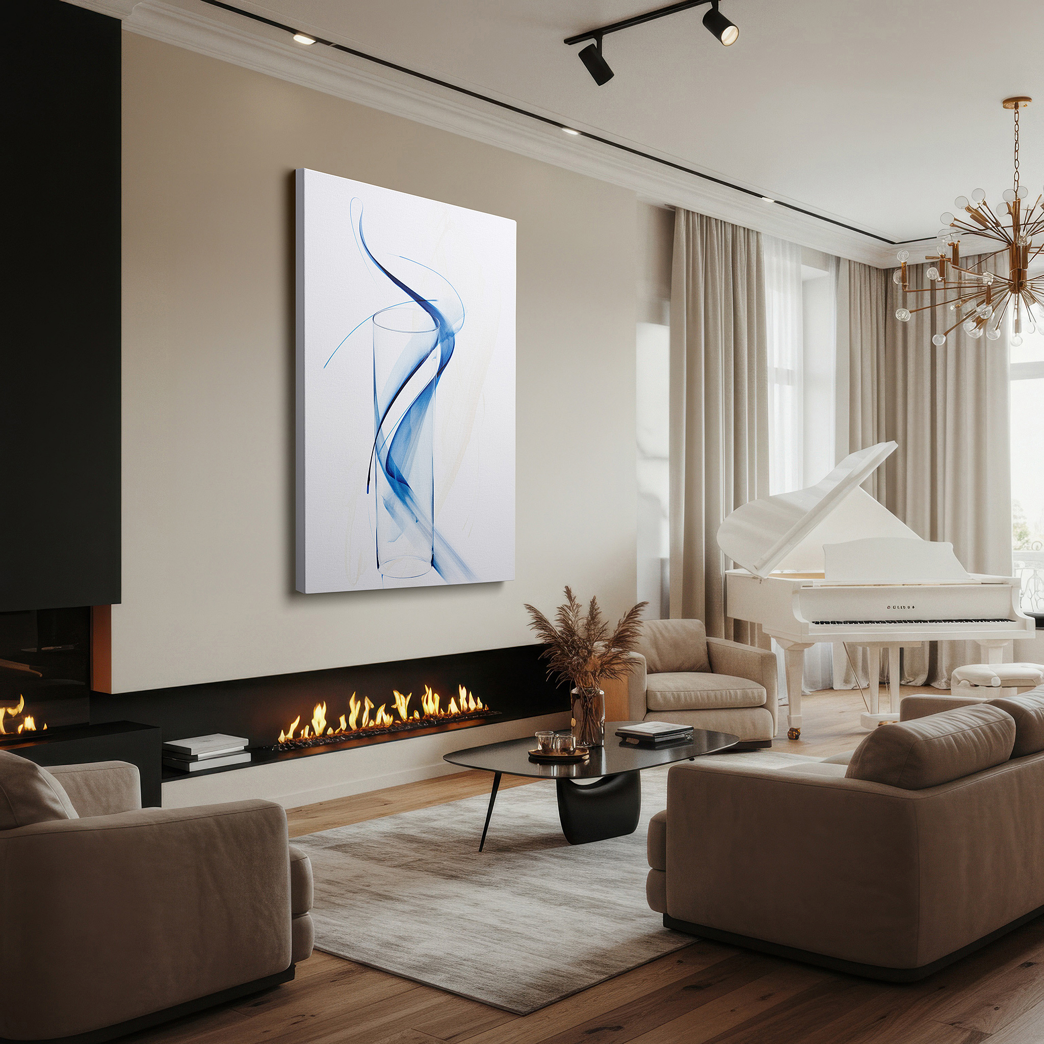 Installation made easy with a centered hook and clean wire mount — dynamic blue strokes and transparent vessel: a symphony of motion and stillness - large wall art, canvas wall art, wall decor for office and bedroom