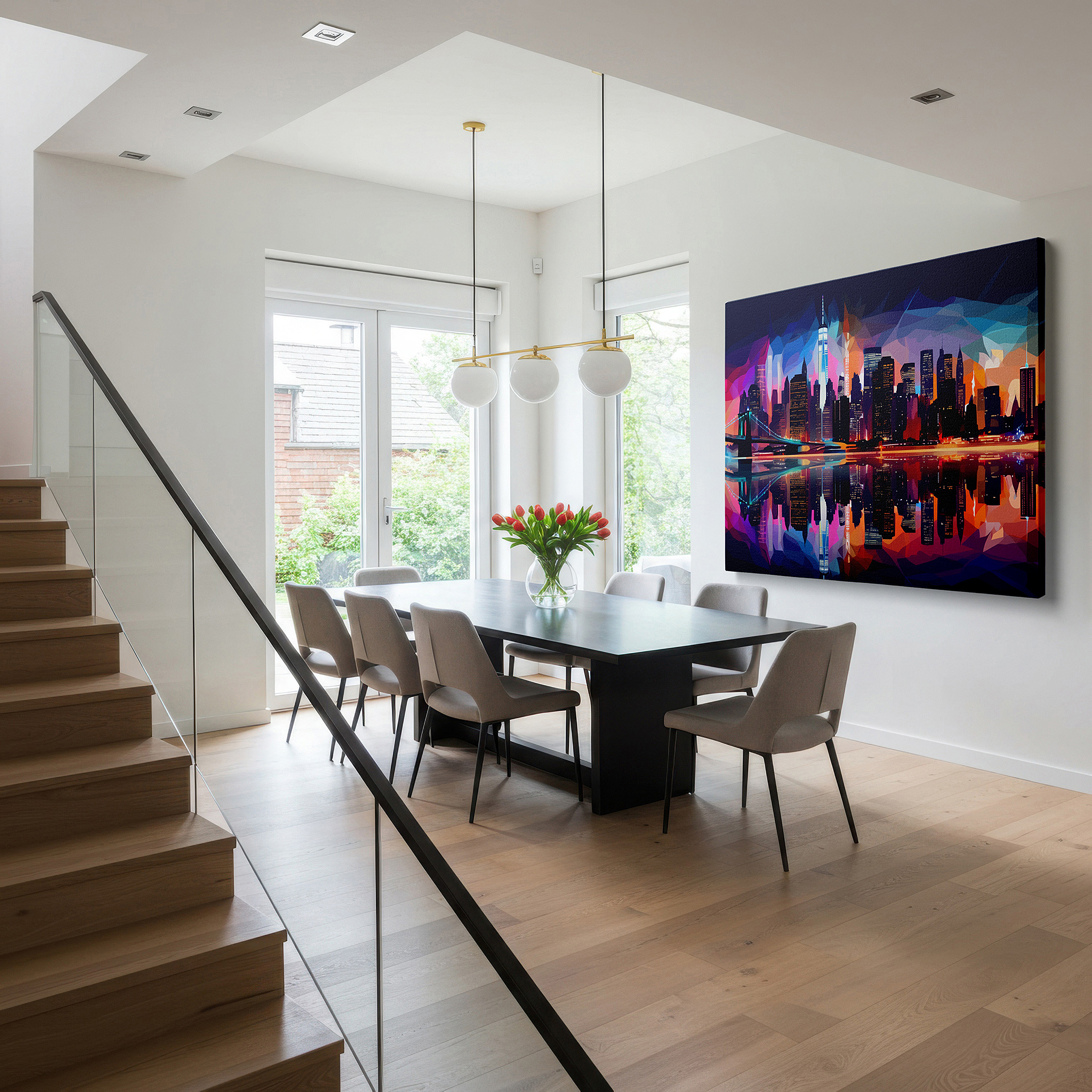 Installation made easy with a centered hook and clean wire mount — dynamic city skyline at night with reflective waters large canvas wall art, vibrant office and bedroom decor