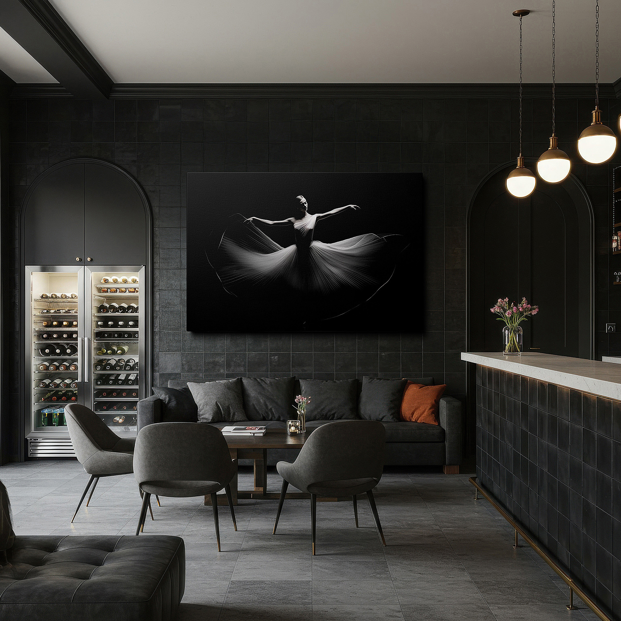 Installation made easy with a centered hook and clean wire mount — elegant dancer in motion: a symphony of fabric and light on a stark black background - large wall art, canvas wall art, wall decor