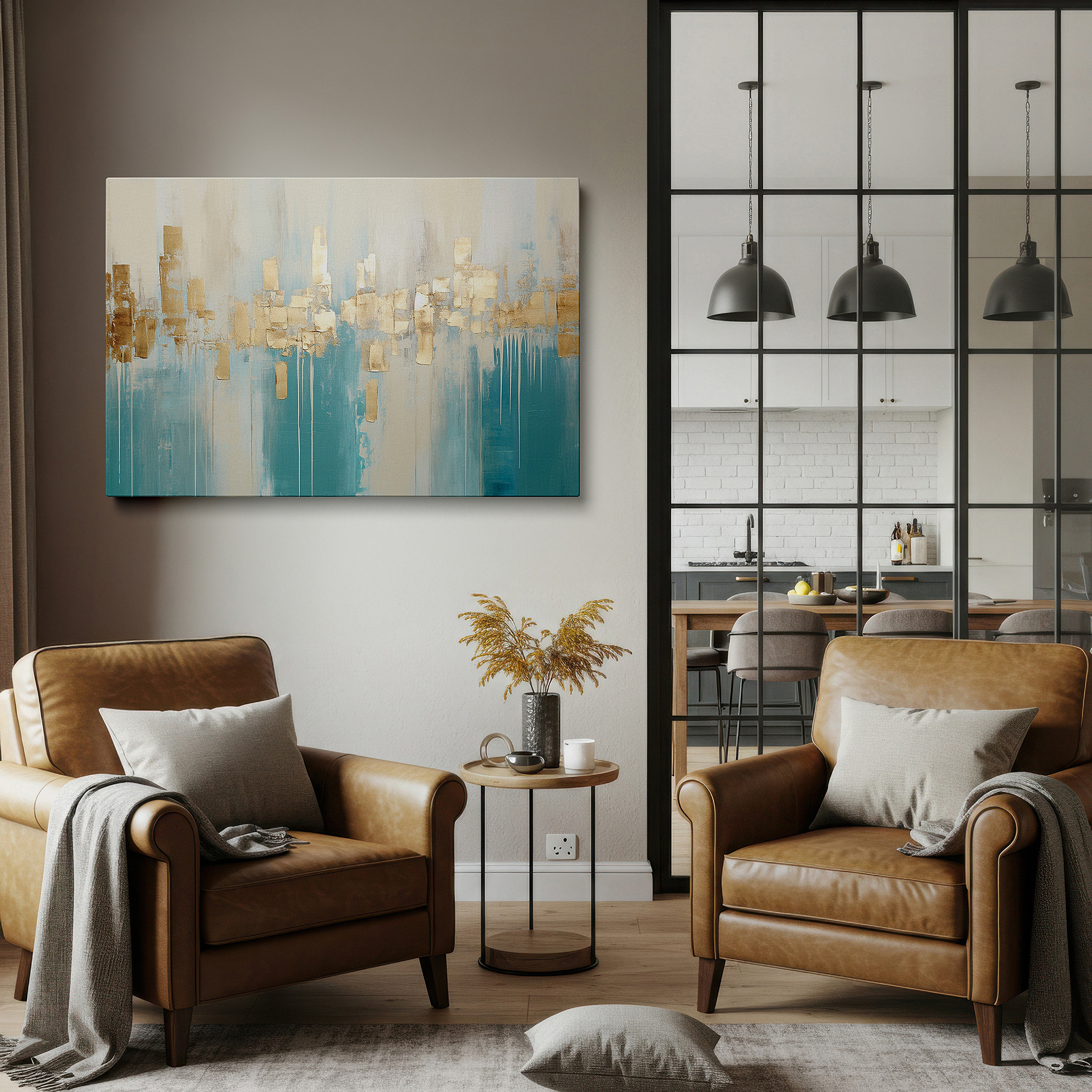 Installation made easy with a centered hook and clean wire mount — elegant gold and aqua abstract artwork for contemporary decor, large canvas wall art for living spaces, office, and bedroom