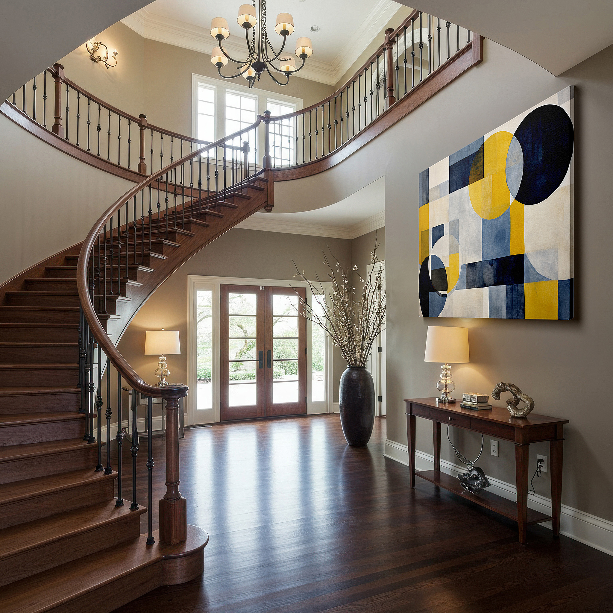 Installation made easy with a centered hook and clean wire mount — geometric symphony in blues and yellows: large canvas wall art for office decor, balancing structure with spontaneity