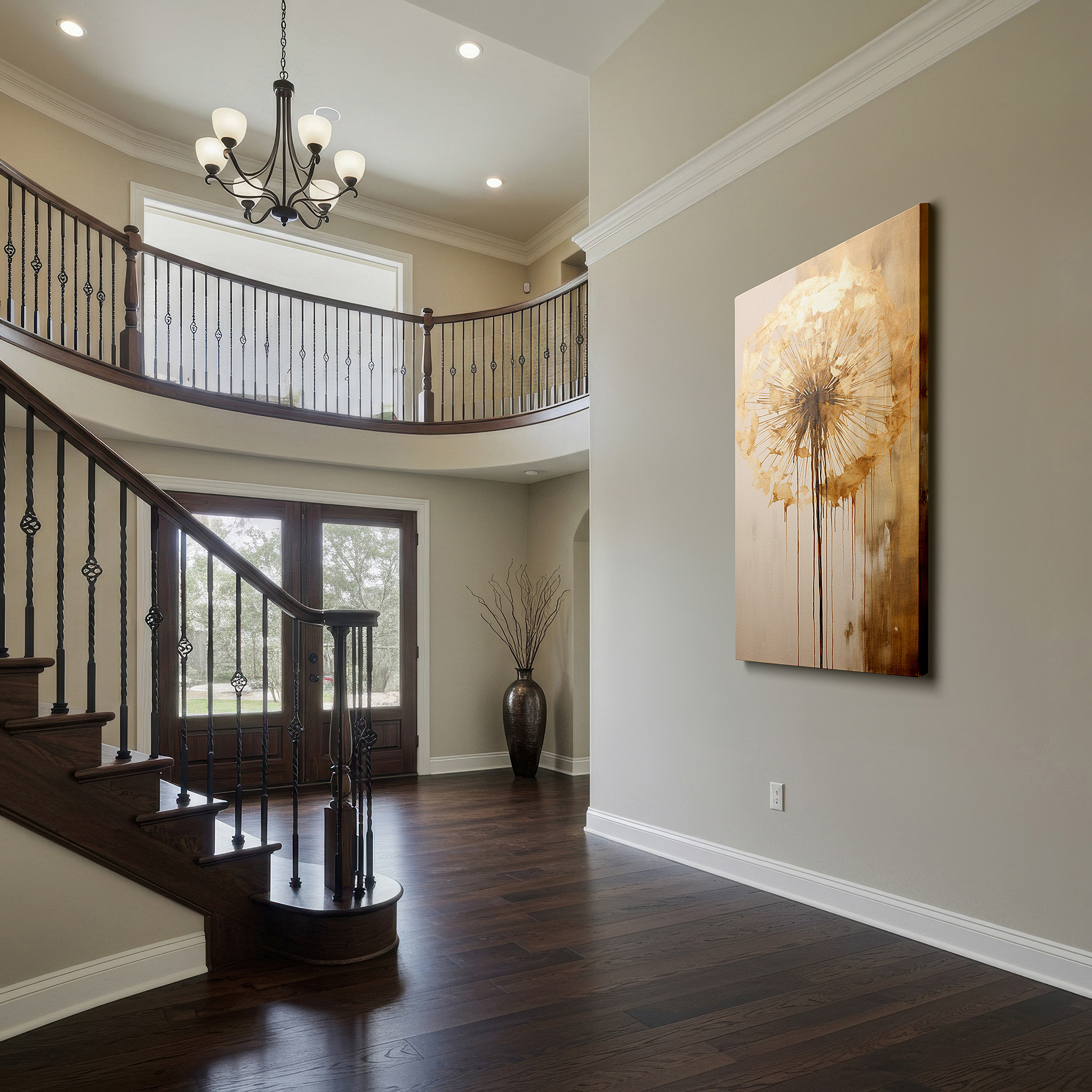 Installation made easy with a centered hook and clean wire mount — golden dandelion wall art - emblem of beauty, resilience, and hope for office, bedroom, and living room decor