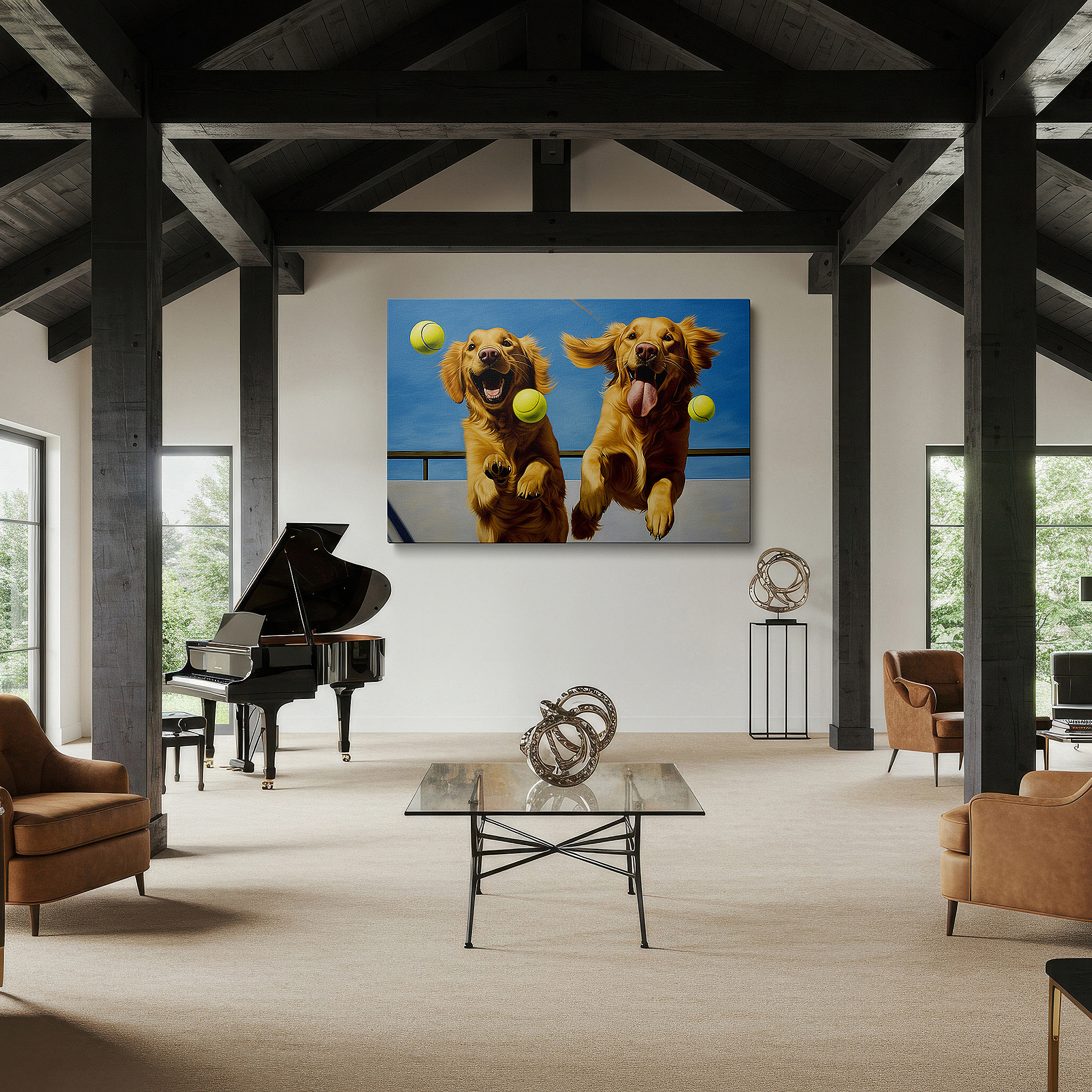 Installation made easy with a centered hook and clean wire mount — golden retrievers joyfully chasing tennis balls in a sunlit field - large canvas wall art for office, bedroom, and living room decor