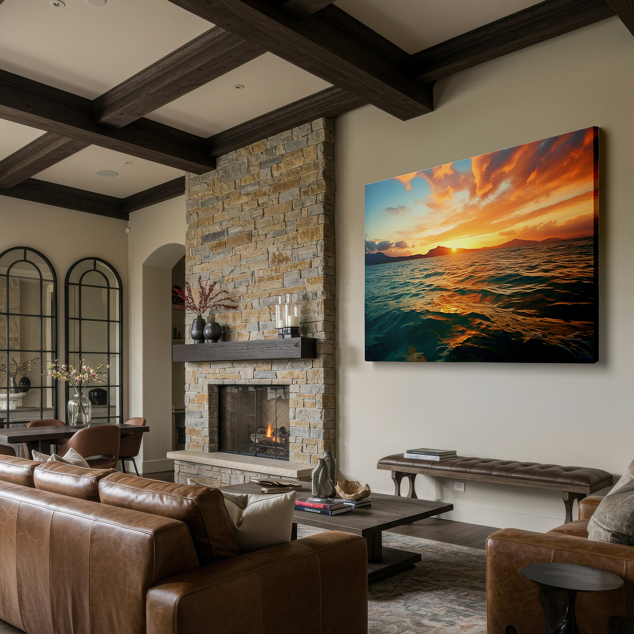Installation made easy with a centered hook and clean wire mount — golden sunset over tranquil ocean: experience serenity with nature's beauty - large canvas wall art for home and office decor