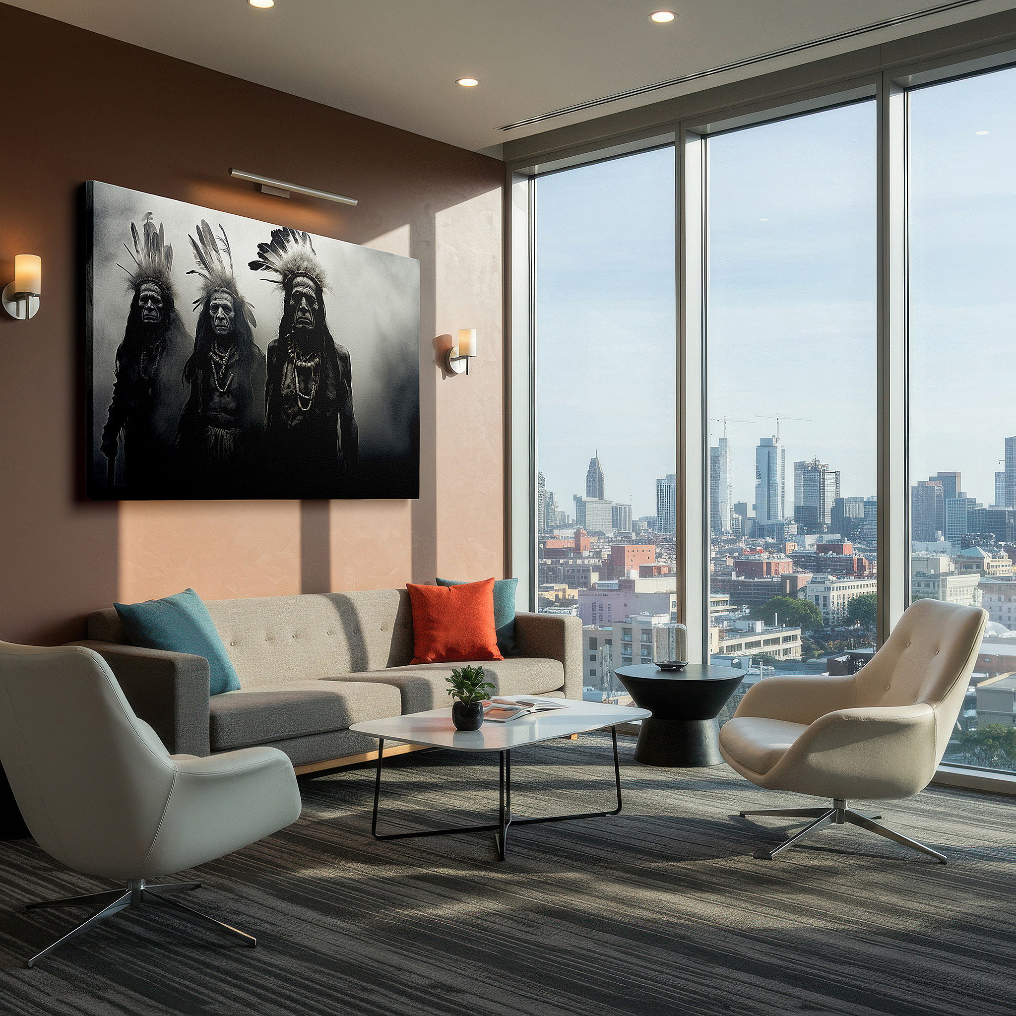 Installation made easy with a centered hook and clean wire mount — indigenous spirit echoes - ethereal figures adorned in mist large wall art, canvas wall art, wall decor, office wall art