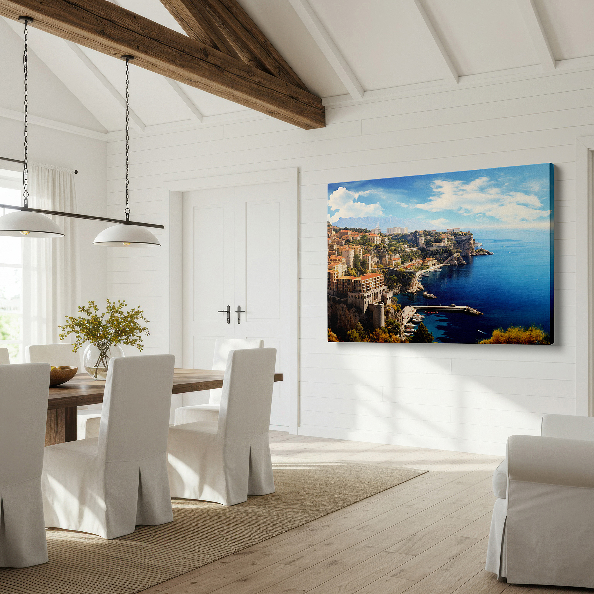 Installation made easy with a centered hook and clean wire mount — luxurious coastal elegance meets wild nature in a cliffside mediterranean vista: large wall art, canvas wall art, wall decor for office