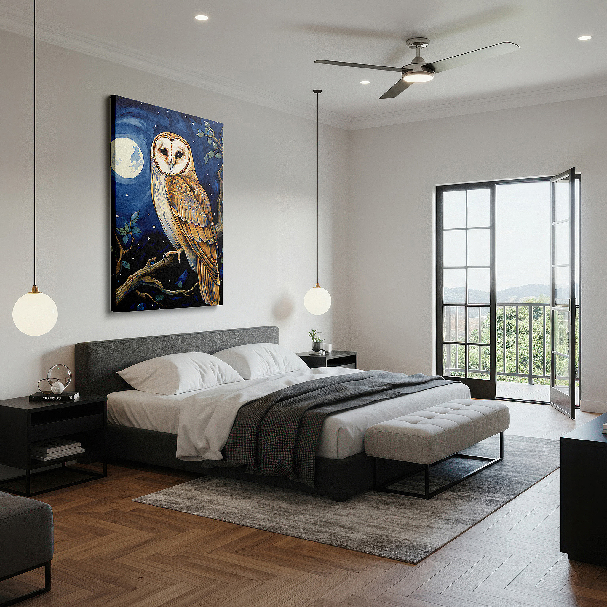 Installation made easy with a centered hook and clean wire mount — majestic barn owl under a starlit sky: experience the serenity of nature's nighttime splendor with large canvas wall art for home and office decor