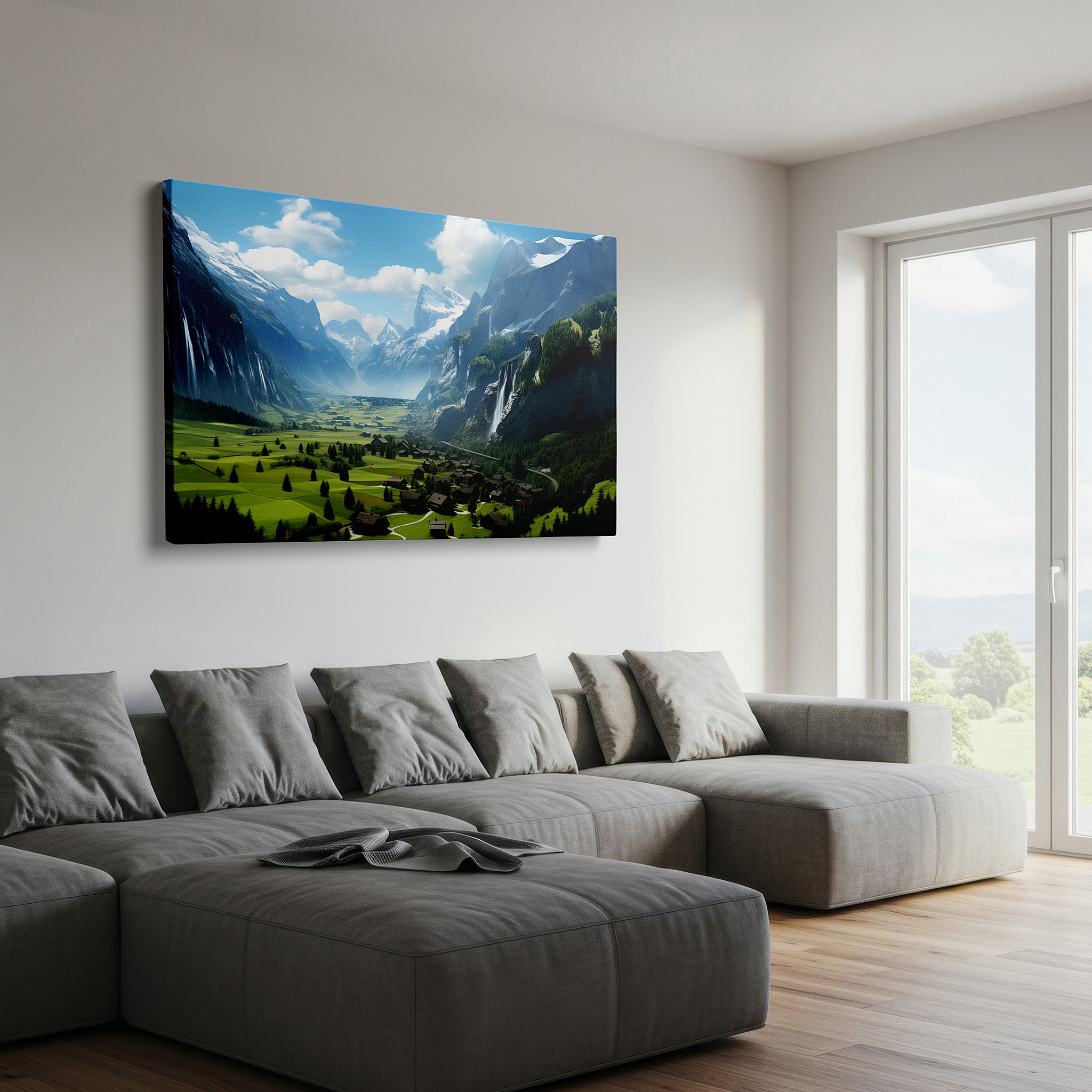 Installation made easy with a centered hook and clean wire mount — majestic mountains and charming village surrounded by green valleys and waterfalls - large canvas wall art for home and office decor
