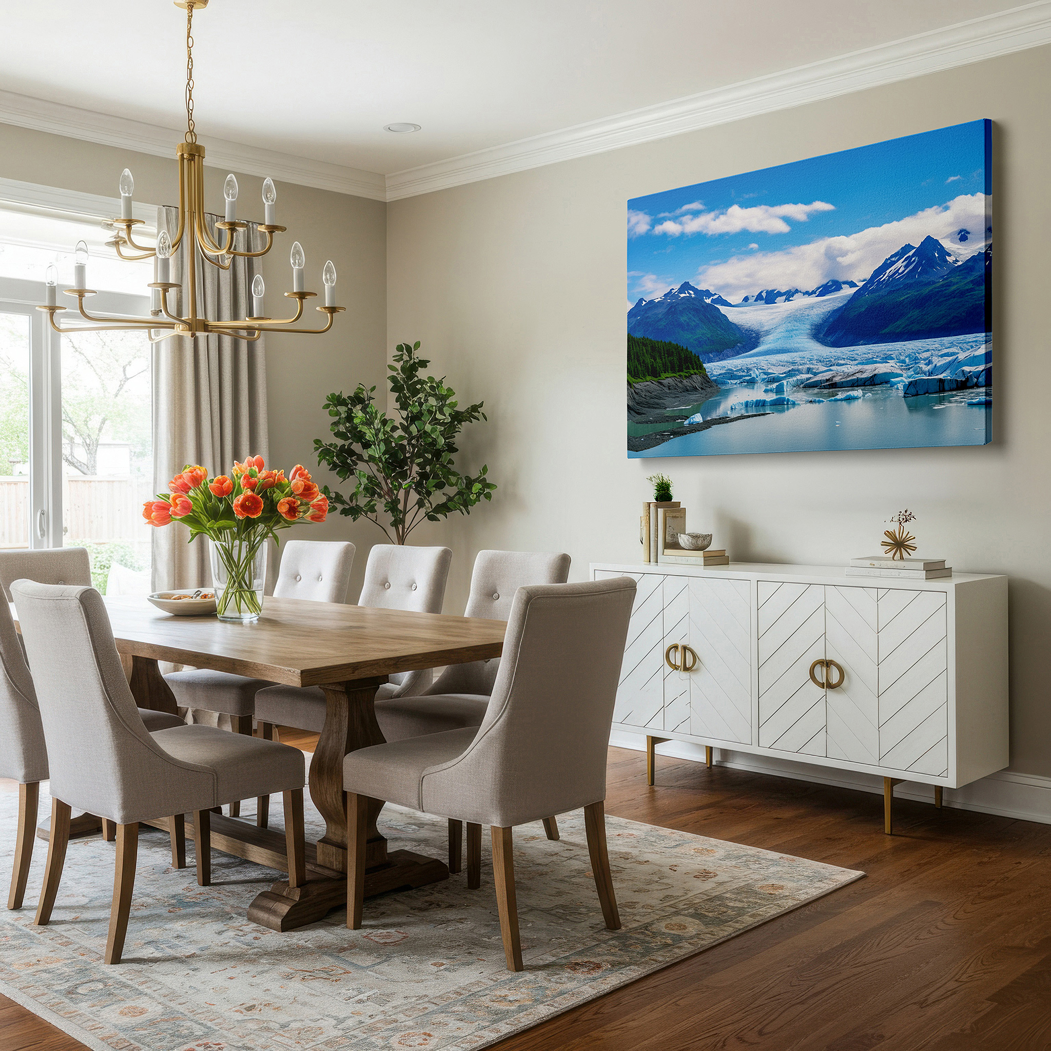 Installation made easy with a centered hook and clean wire mount — majestic mountains and sparkling glacier with serene lake reflections: large canvas wall art for office and bedroom decor