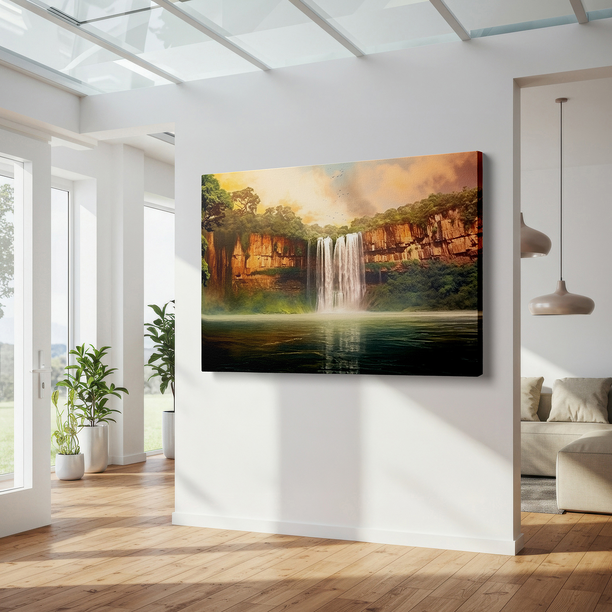 Installation made easy with a centered hook and clean wire mount — majestic waterfall canvas wall art: rugged cliffs and lush greenery illuminated by sunset hues