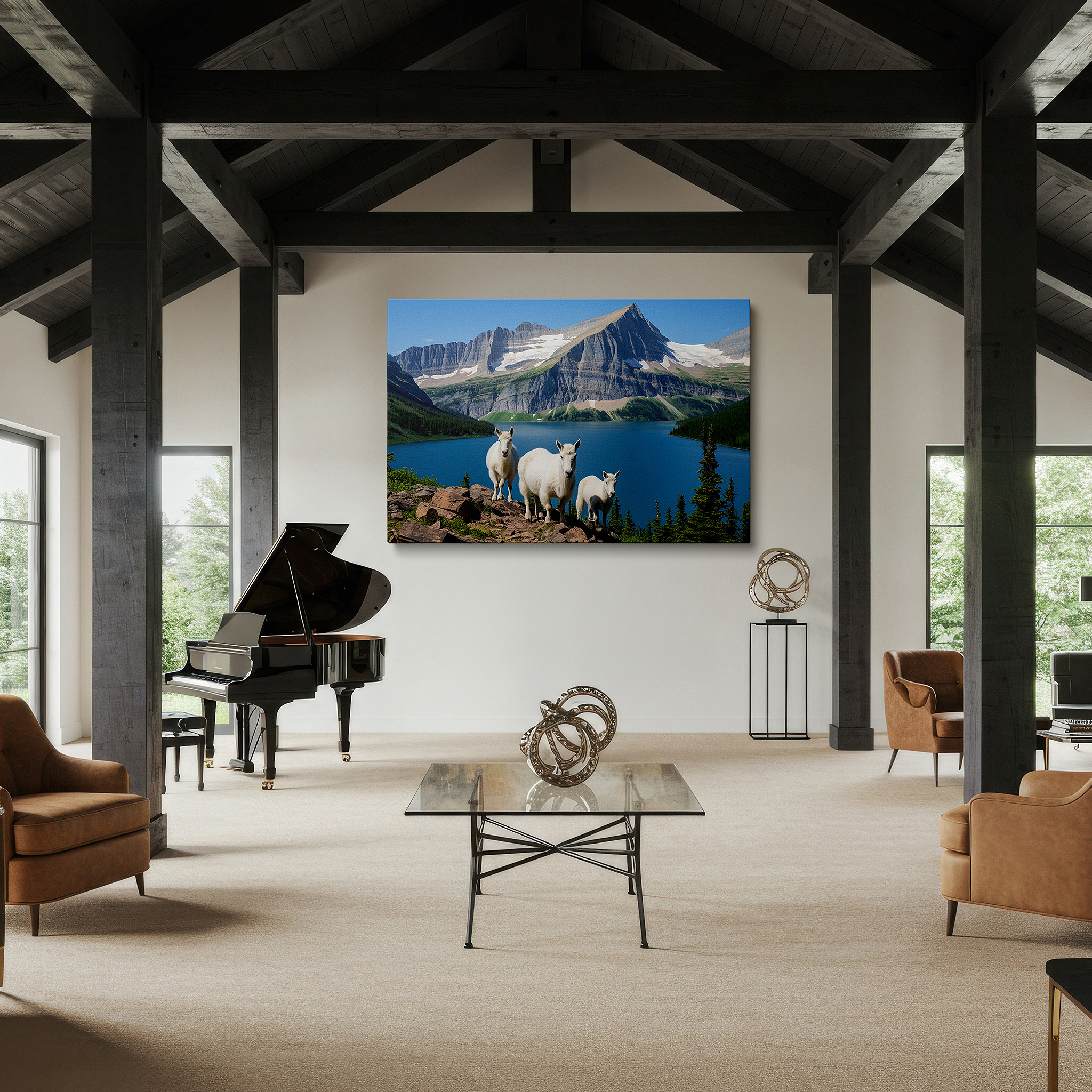 Installation made easy with a centered hook and clean wire mount — mountain goats on rugged terrain with glacial lake view large wall art, canvas wall art, wall decor for office and bedroom