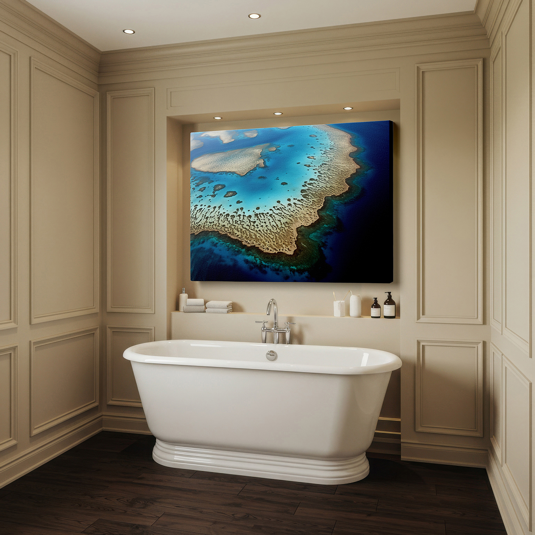 Installation made easy with a centered hook and clean wire mount — radiant aerial view of a coral atoll, showcasing the delicate marine ecosystem - large wall art, canvas wall art, wall decor for office