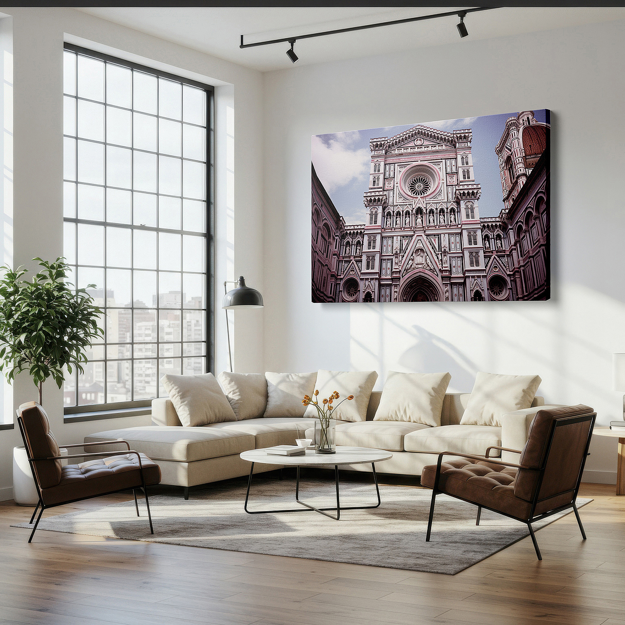 Installation made easy with a centered hook and clean wire mount — renaissance-inspired wall art: florence cathedral facade large canvas, ideal for office and bedroom decor