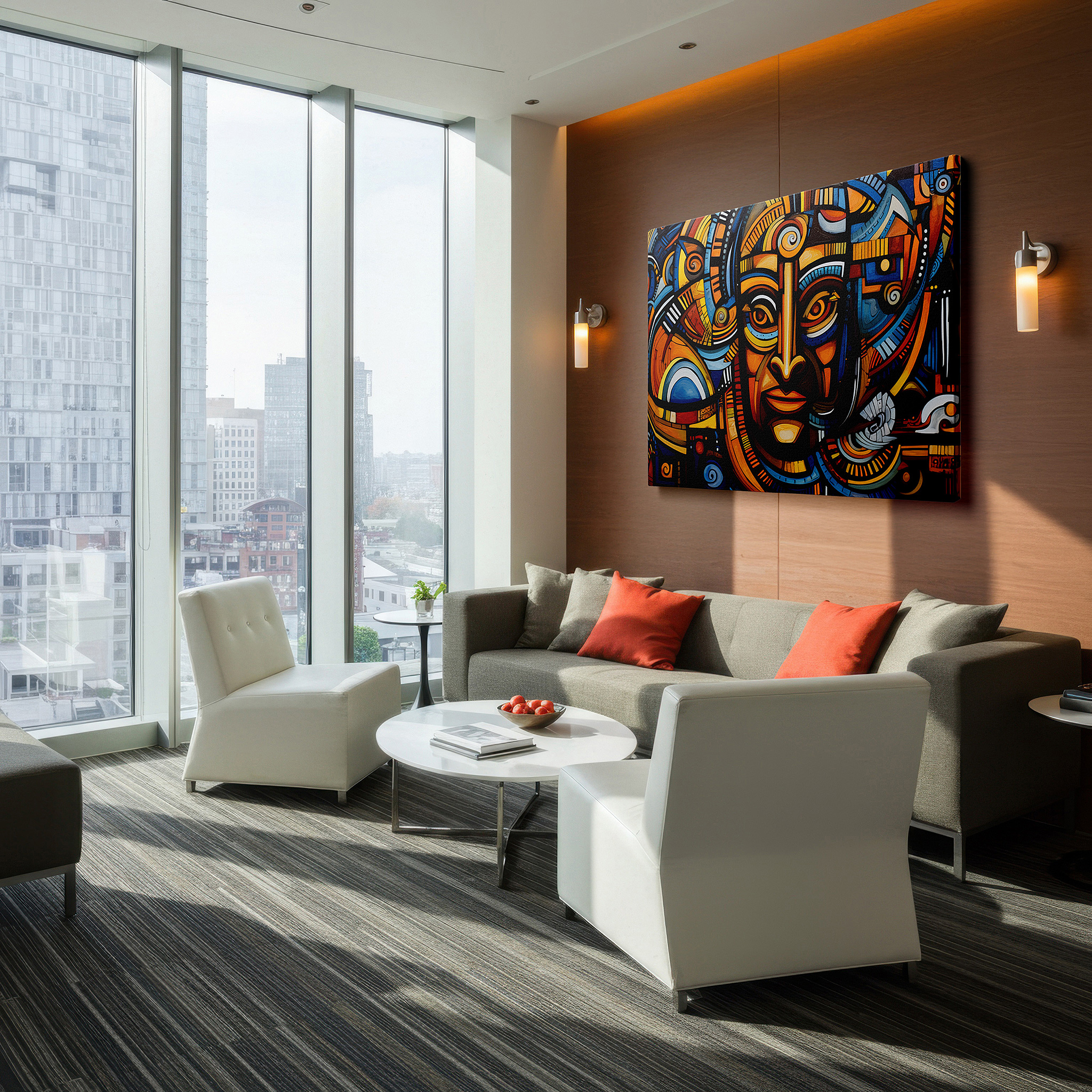 Installation made easy with a centered hook and clean wire mount — a rich mosaic of cultural narratives expressed in vivid hues and detailed patterns: large wall art, canvas wall art, wall decor for office