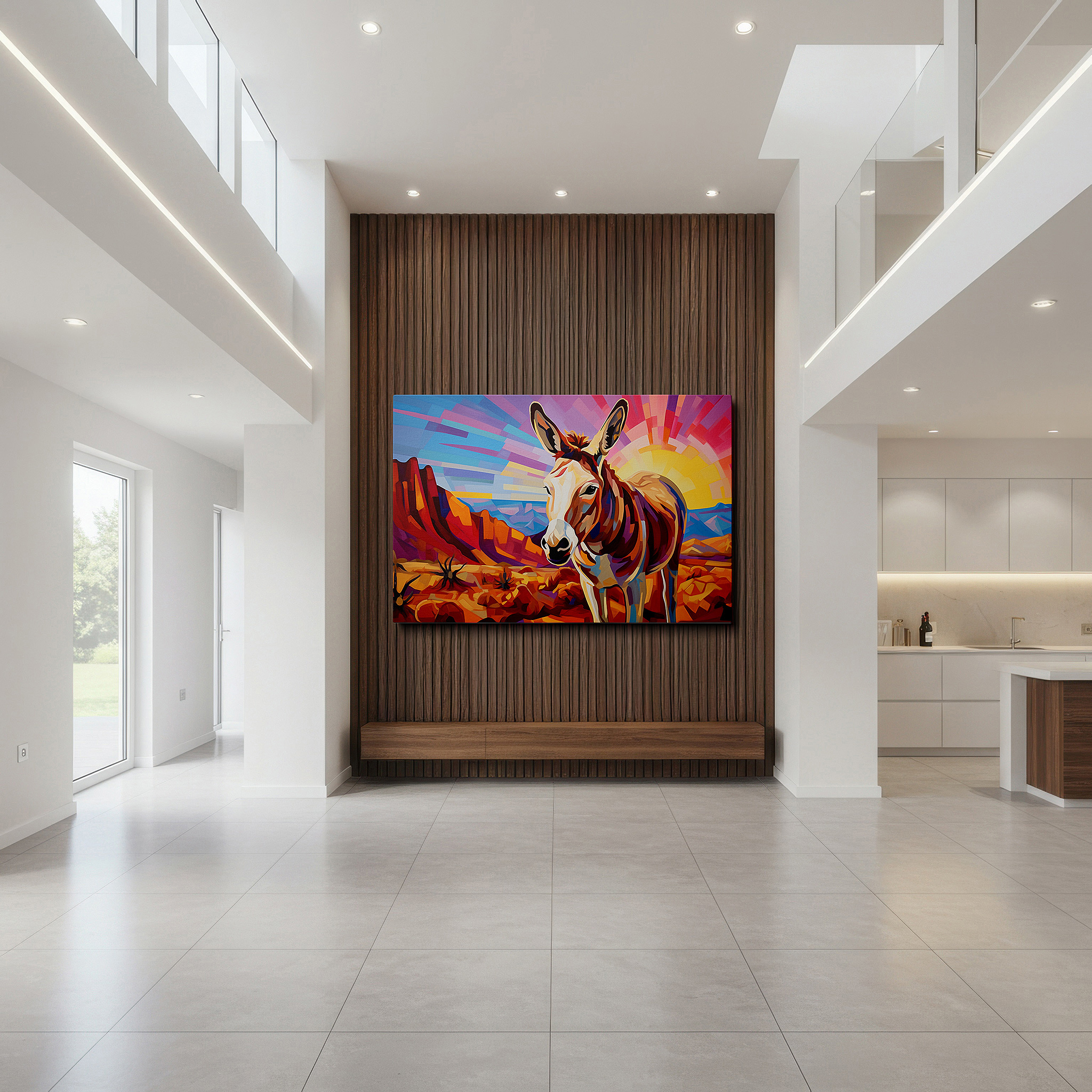 Installation made easy with a centered hook and clean wire mount — serene donkey at desert sunrise: a tranquil blend of nature's palette - large canvas wall art for office and bedroom decor