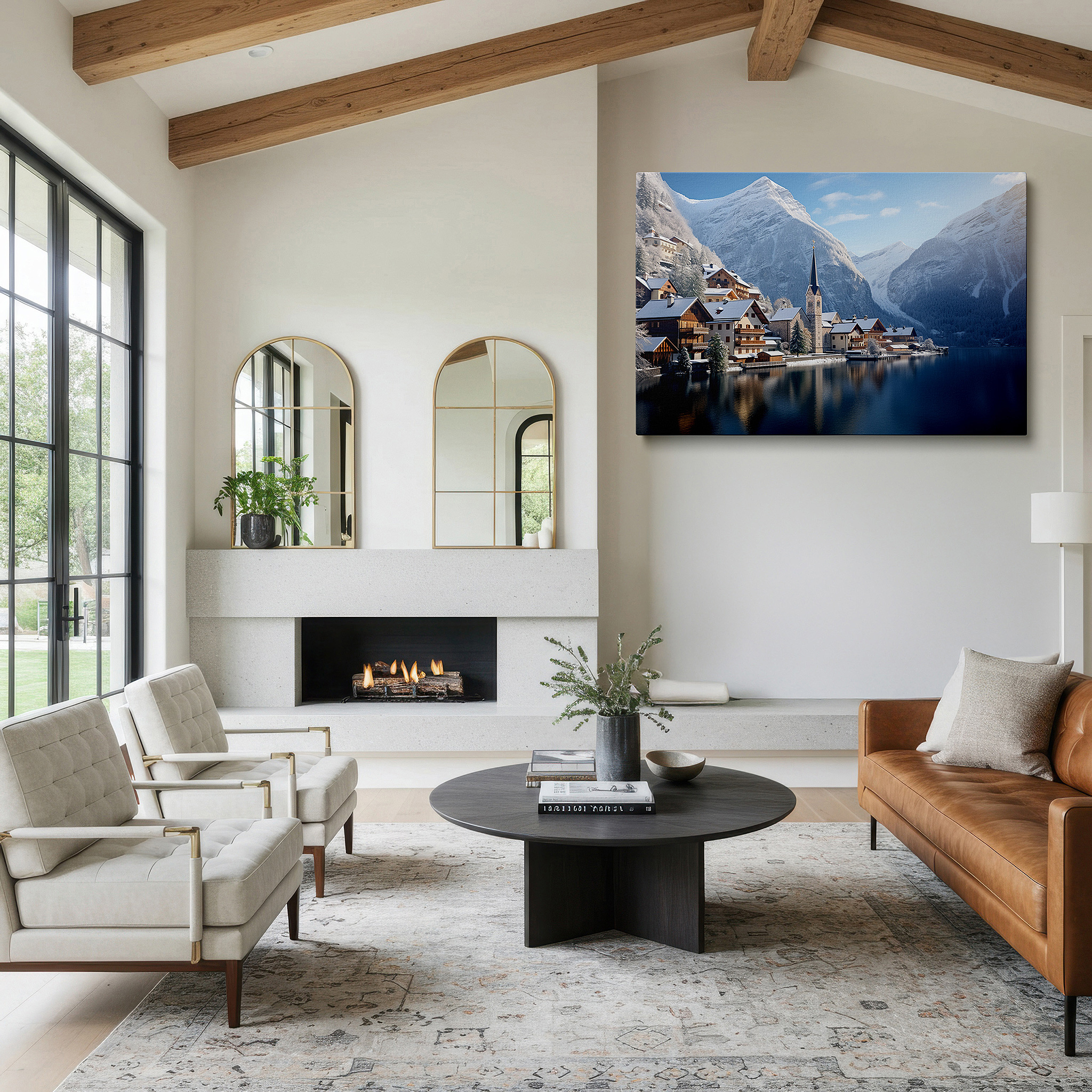 Installation made easy with a centered hook and clean wire mount — serene european village enveloped in winter, tranquil snowy retreat large wall art, canvas wall art, wall decor for office and bedroom