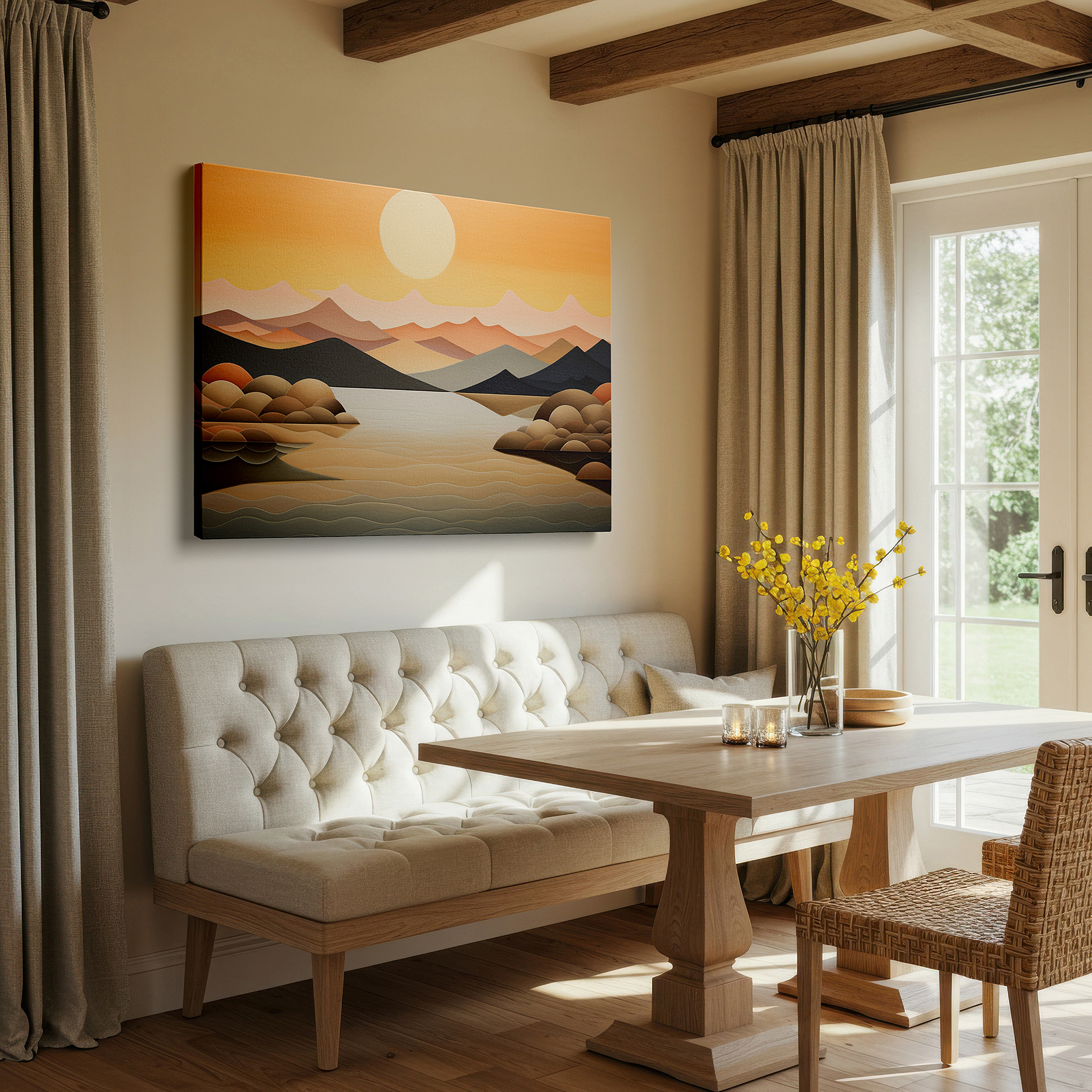 Installation made easy with a centered hook and clean wire mount — serene pastel landscape featuring soft hills and calm waters beneath a radiant sun, large canvas wall art for home and office decor
