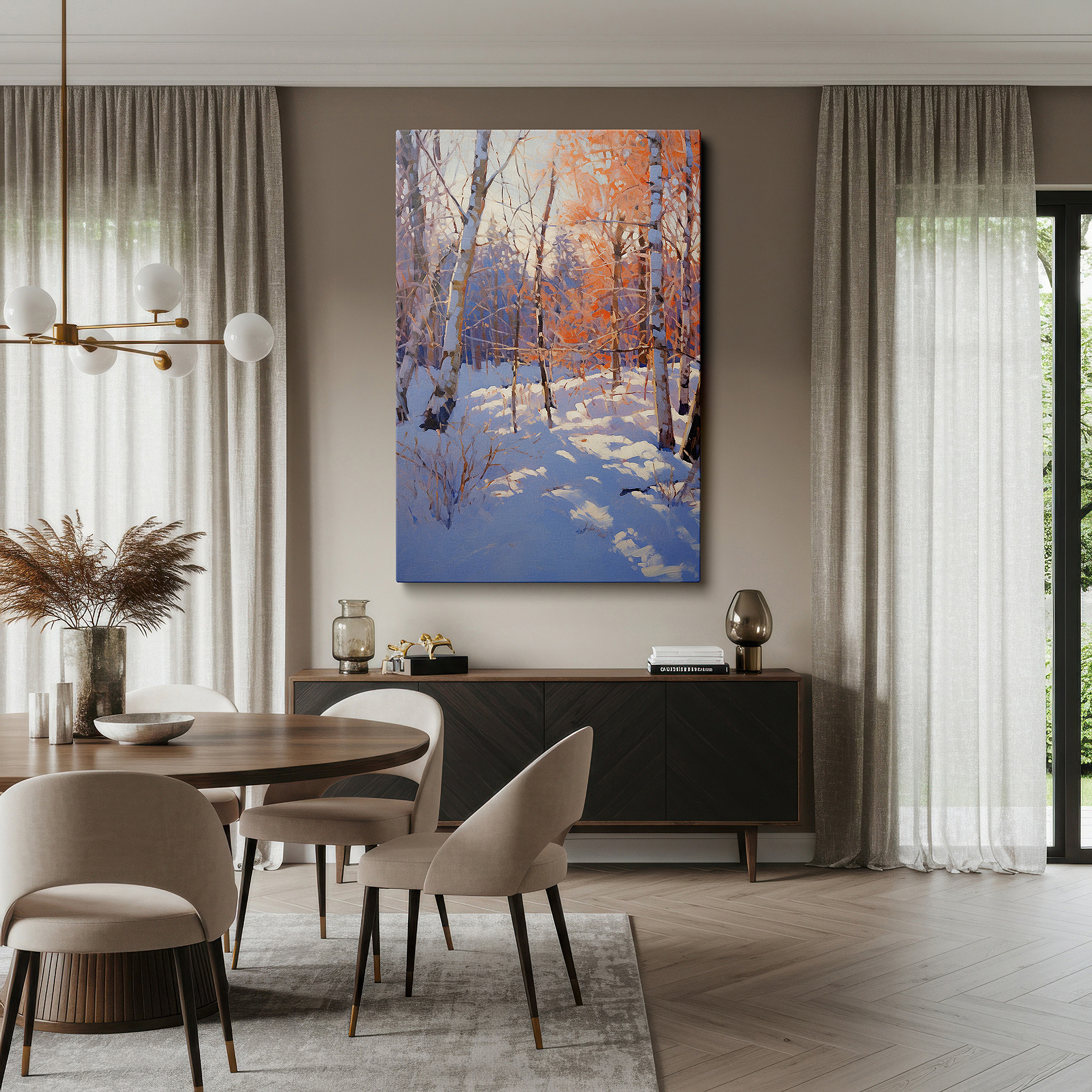 Installation made easy with a centered hook and clean wire mount — serene winter forest in sunlight snow large wall art, canvas wall decor, office wall decor, bedroom wall decor, living room wall art