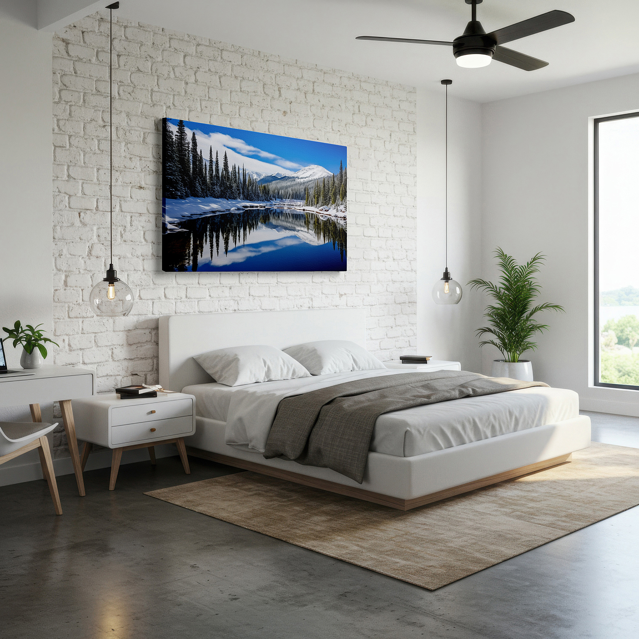 Installation made easy with a centered hook and clean wire mount — serene winter scene: snow-covered trees by a peaceful lake under a bright blue sky - large canvas wall art decor