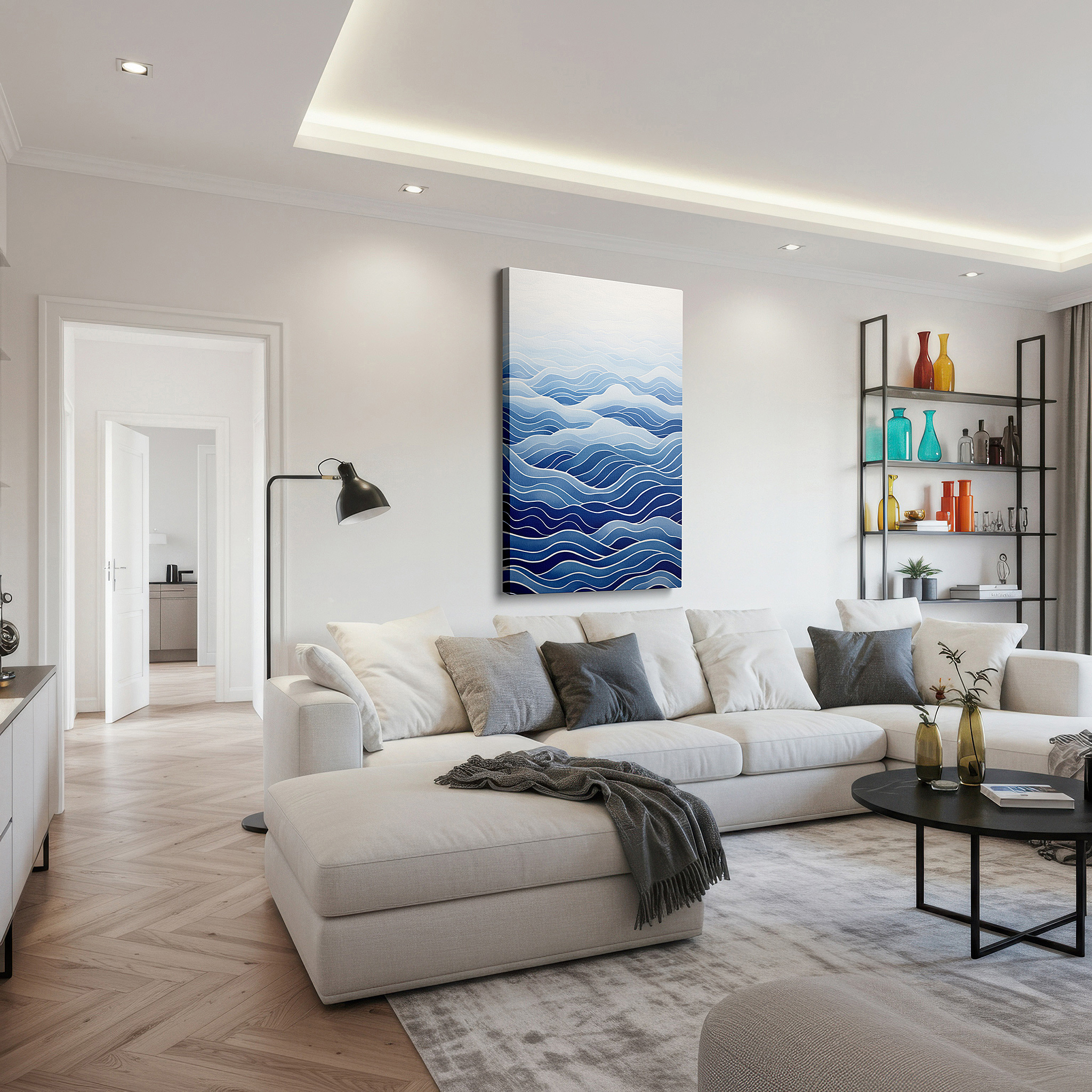 Installation made easy with a centered hook and clean wire mount — soft blue gradients of serene ocean waves, tranquil visuals for calming spaces - large wall art, canvas wall art, wall decor for offices