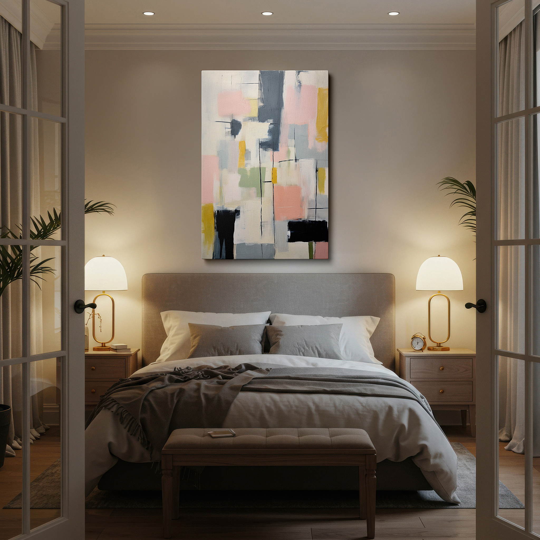 Installation made easy with a centered hook and clean wire mount — soothing pastel geometric shapes with dynamic accents, large canvas wall art for office and bedroom decor
