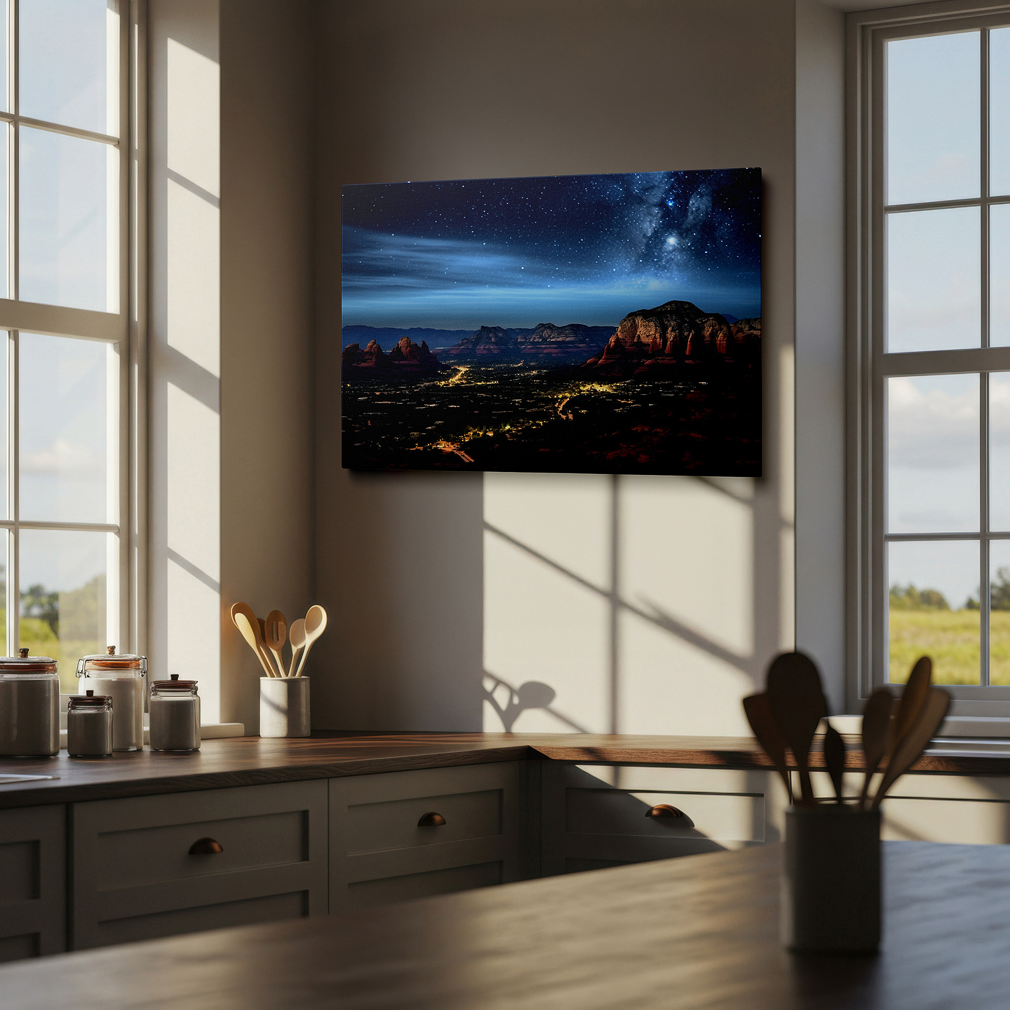 Installation made easy with a centered hook and clean wire mount — starlit sky and red rock mountains - celestial canopy above rugged terrain large wall art, canvas wall art, wall decor for office and bedroom