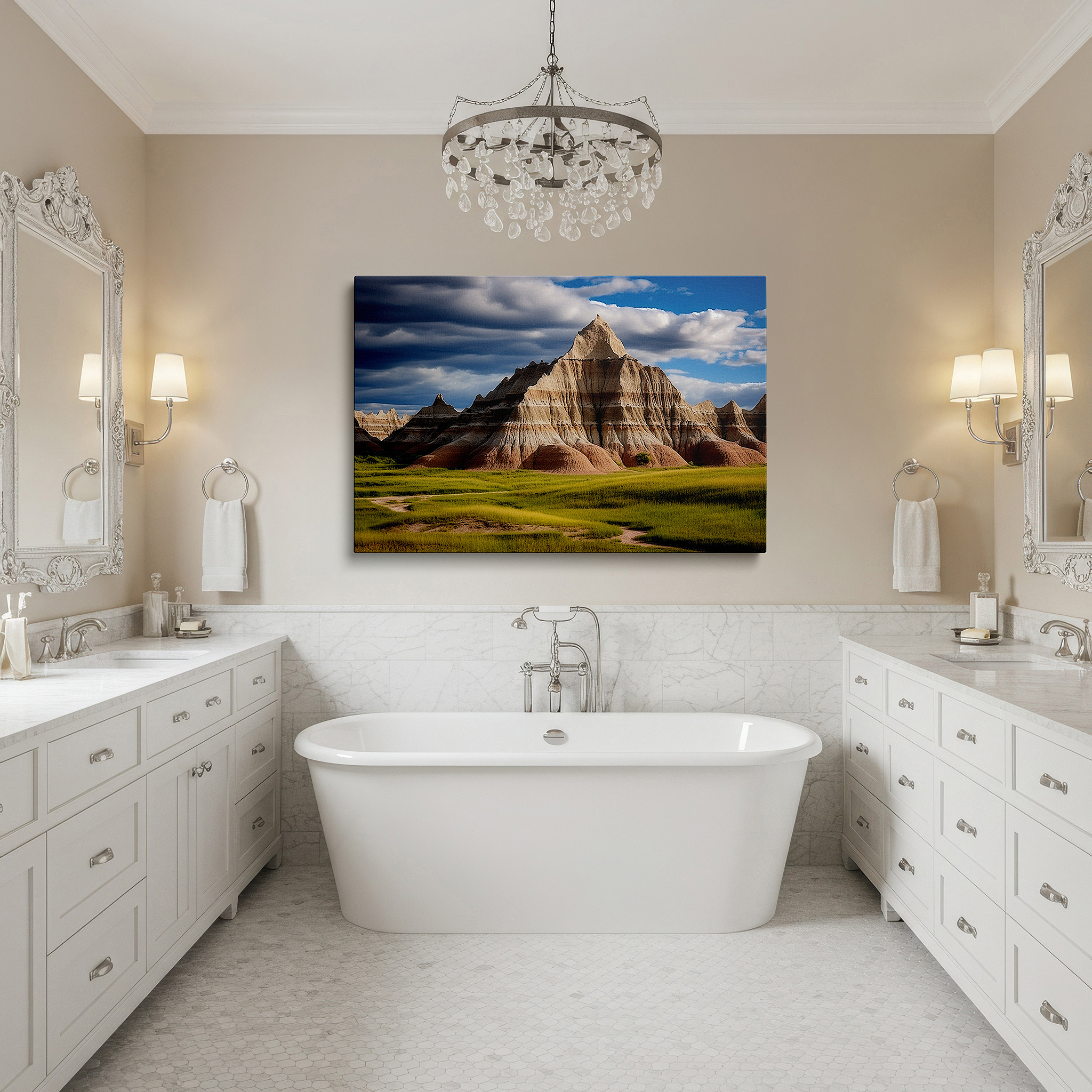 Installation made easy with a centered hook and clean wire mount — stunning badlands panorama featuring vibrant greenery and blue skies - large canvas wall art for office, bedroom, and living room decor