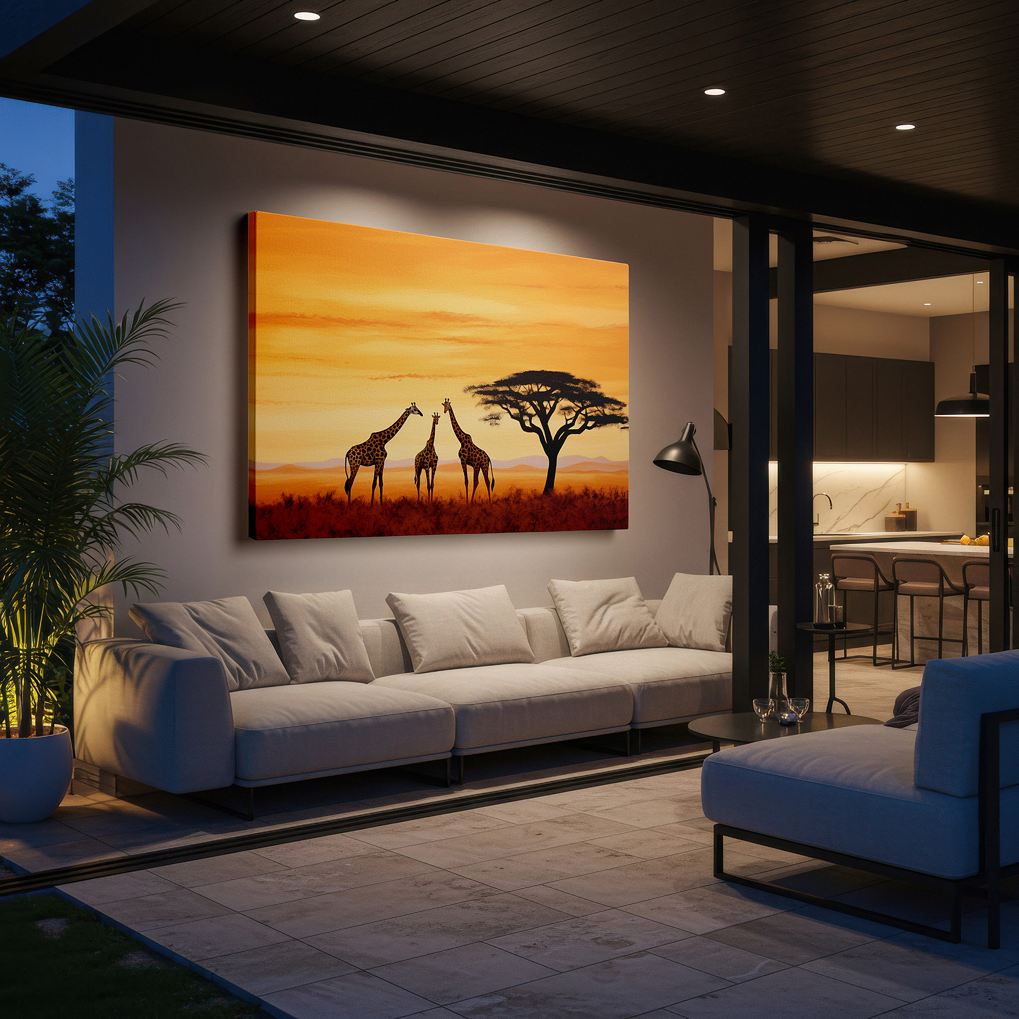 Installation made easy with a centered hook and clean wire mount — stunning giraffes and vibrant sunset in the african savannah wall art, canvas decor for office and bedroom
