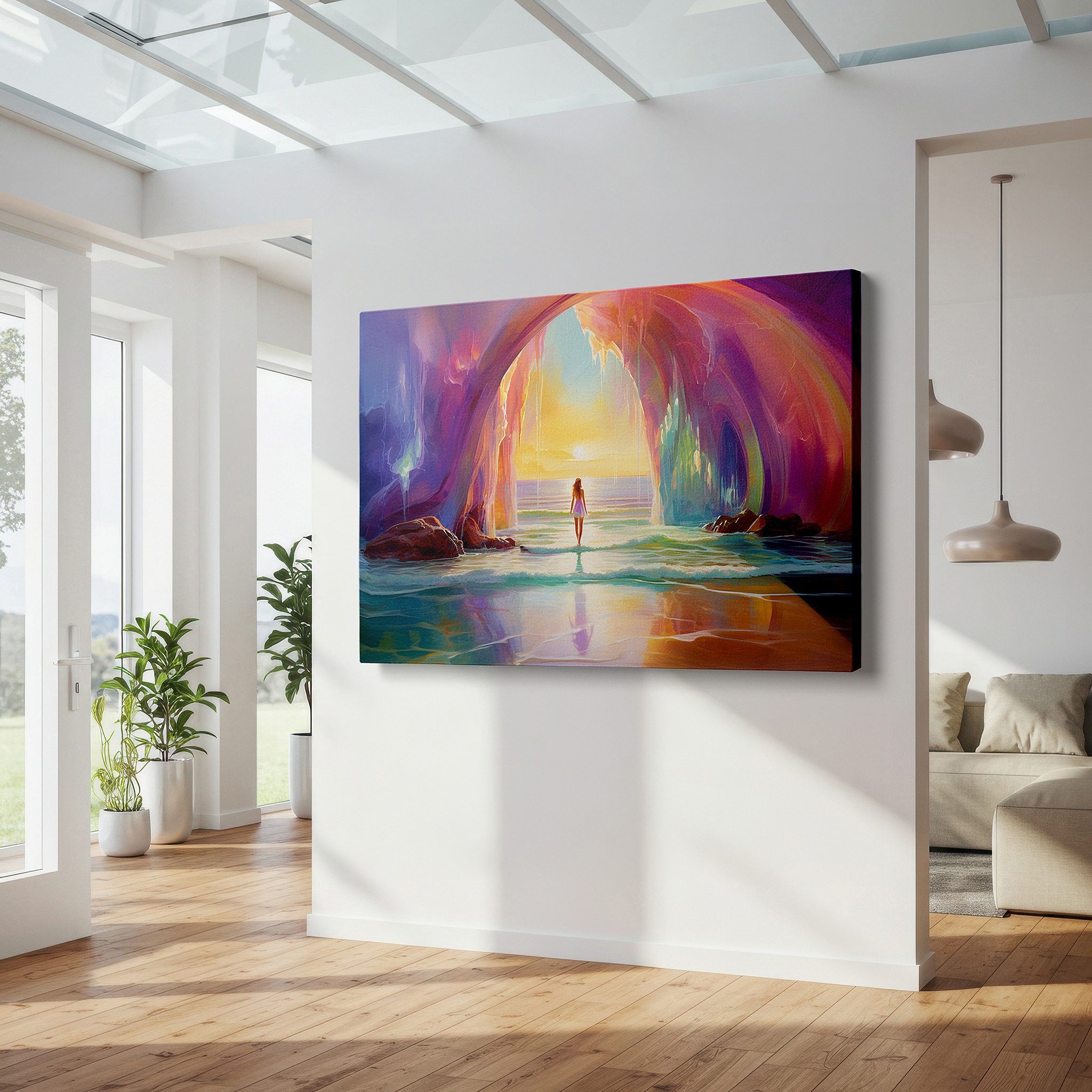 Installation made easy with a centered hook and clean wire mount — sunset archway gateway to serenity, tranquil ocean hues large canvas wall art for office and bedroom decor