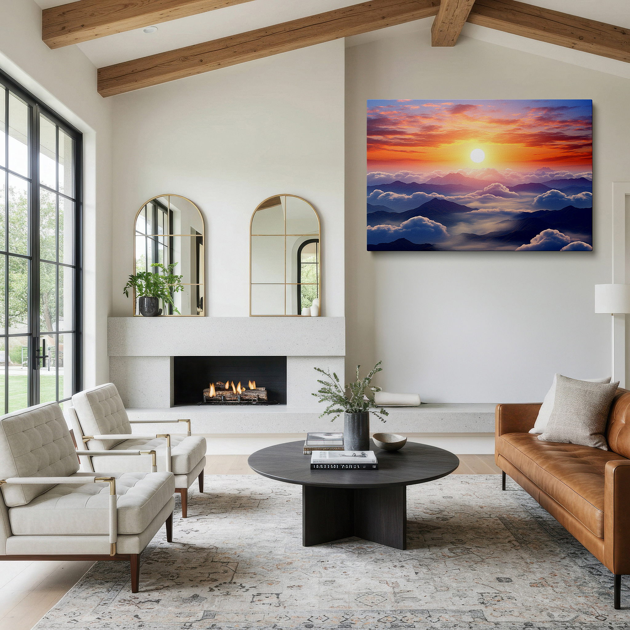 Installation made easy with a centered hook and clean wire mount — sunset majesty and ethereal clouds over rugged mountains, tranquil hues large canvas wall art for office and bedroom decor