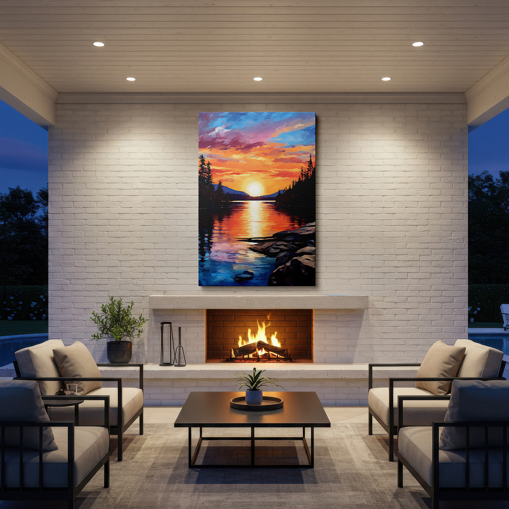 Installation made easy with a centered hook and clean wire mount — sunset serenity over a tranquil river: a vivid display of nature's palette - large canvas wall art for office and bedroom decor