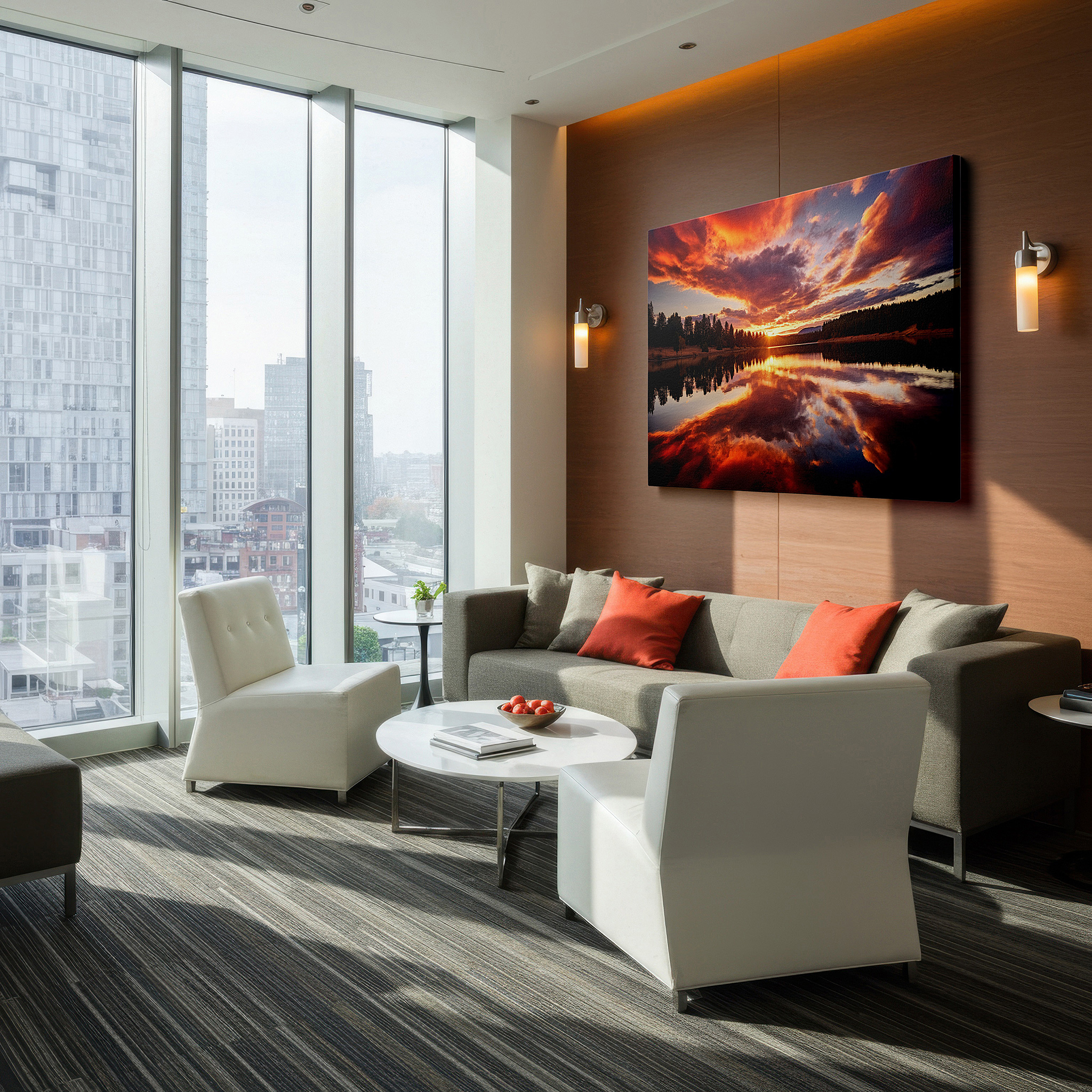Installation made easy with a centered hook and clean wire mount — sunset over tranquil lake wall art: peaceful and renewing with a vibrant fiery sky and reflective waters, ideal for office decor, large canvas