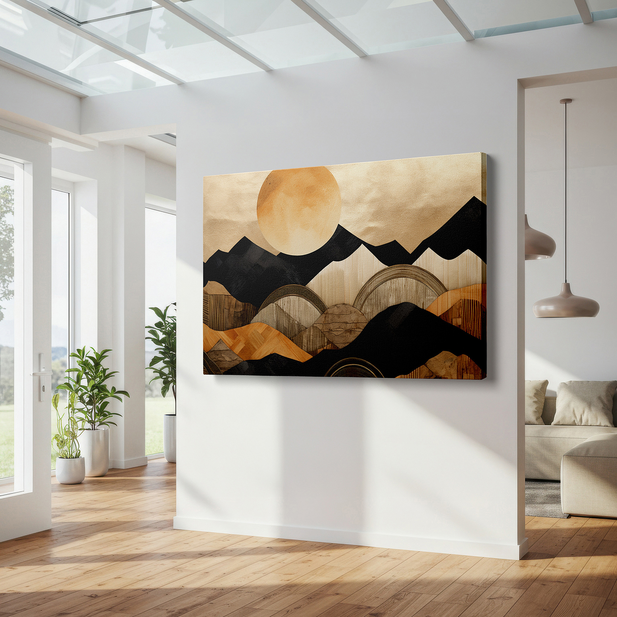 Installation made easy with a centered hook and clean wire mount — textured mountains and radiant sun in warm tones, symbolizing hope and creativity, large wall art, canvas wall art, wall decor for office