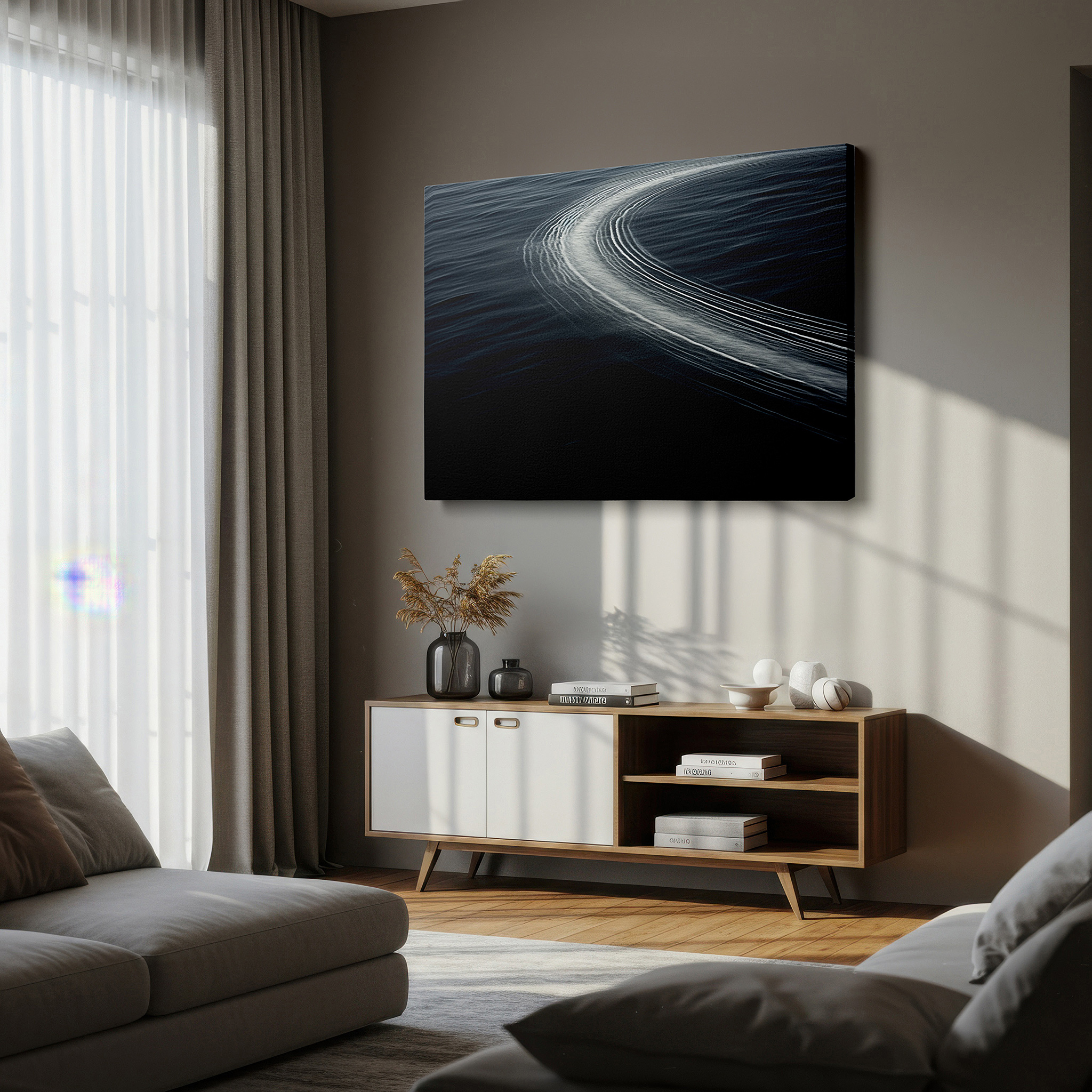 Installation made easy with a centered hook and clean wire mount — tranquil waters: a serene journey - graceful reflections large canvas wall art for office and bedroom decor