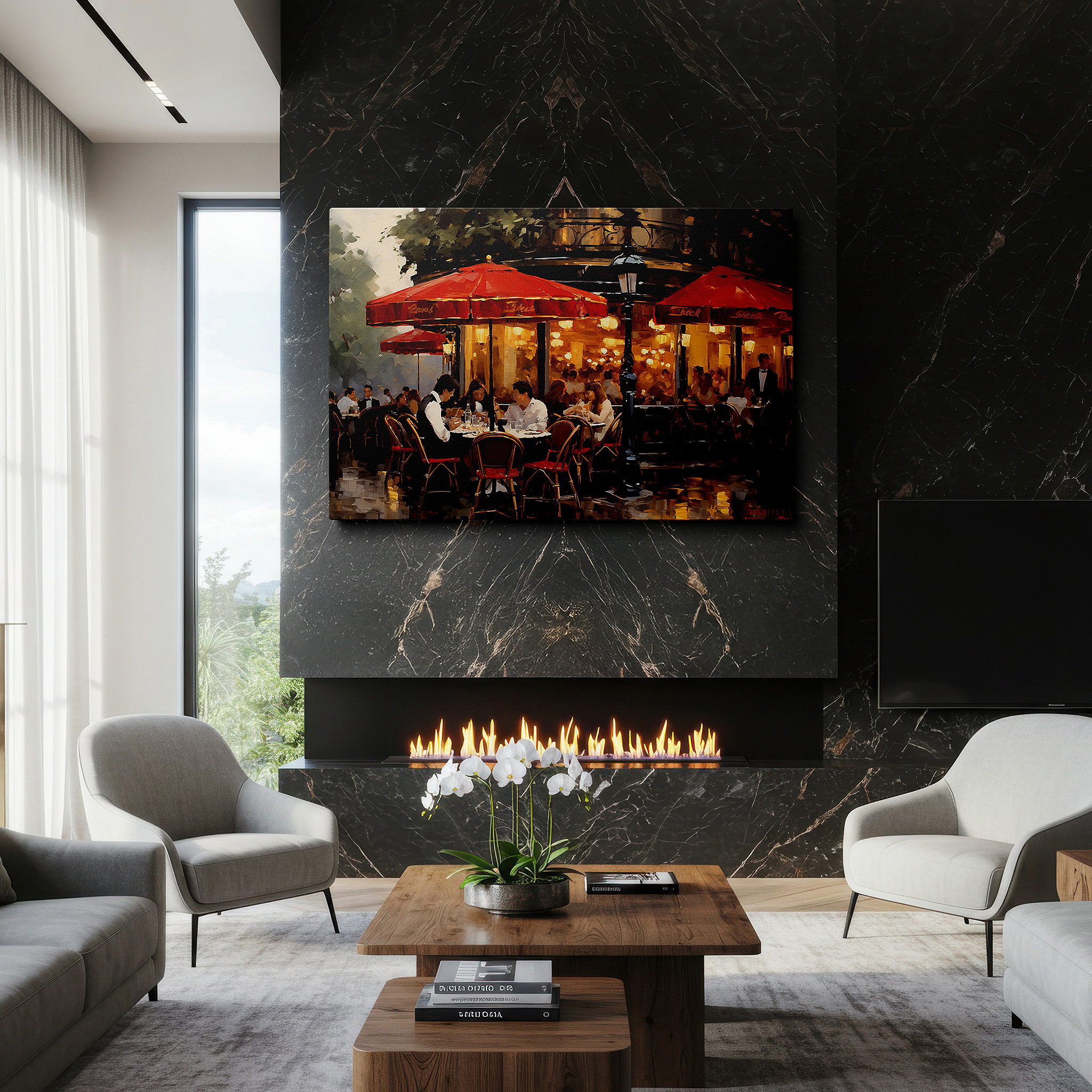 Installation made easy with a centered hook and clean wire mount — urban café beneath crimson umbrellas: a lively night of dining amidst city illuminations - oversized wall art, canvas art, decorative wall art, office and bedroom decor