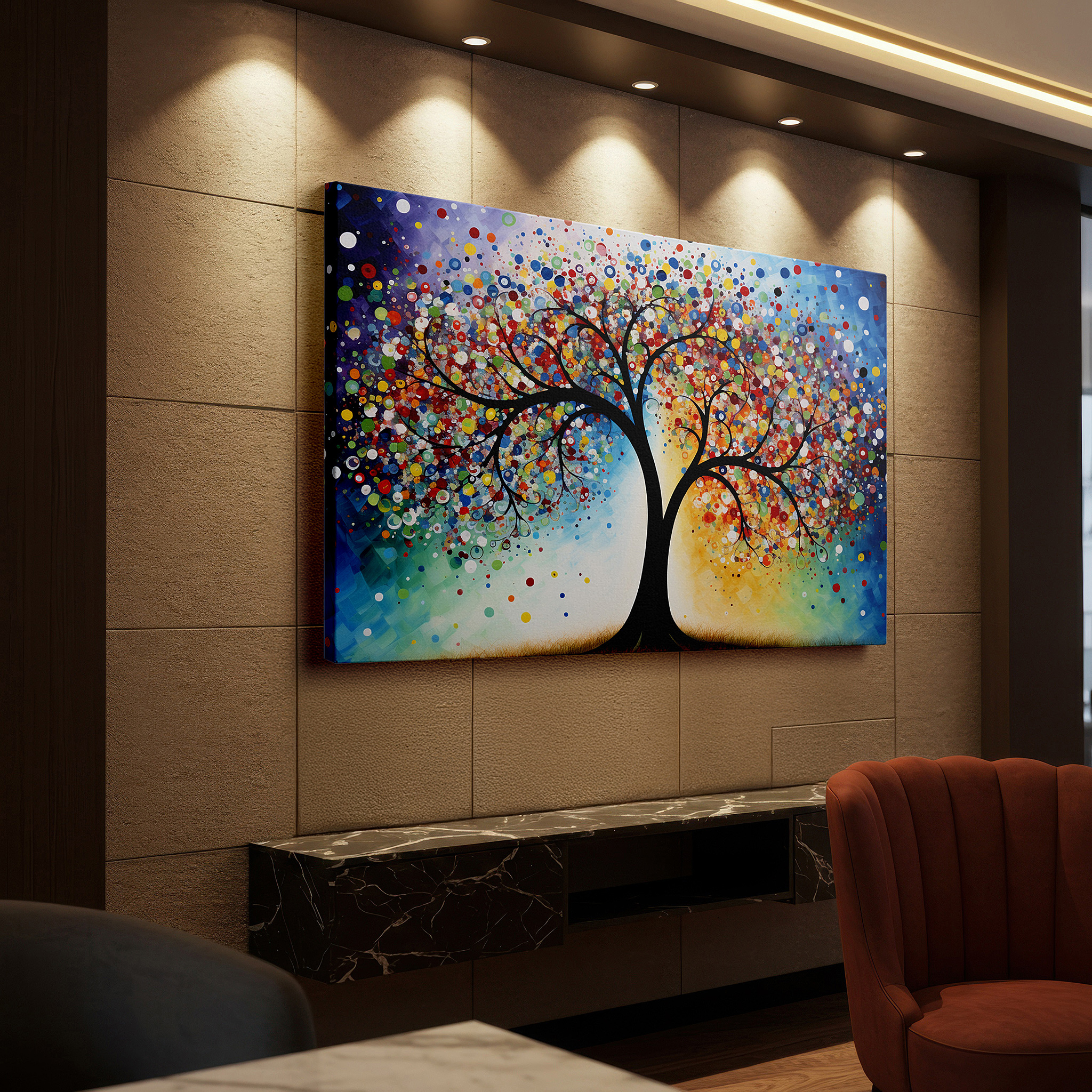 Installation made easy with a centered hook and clean wire mount — vibrant abstract tree of life, symbolizing growth and harmony, large canvas wall art for office and bedroom decor