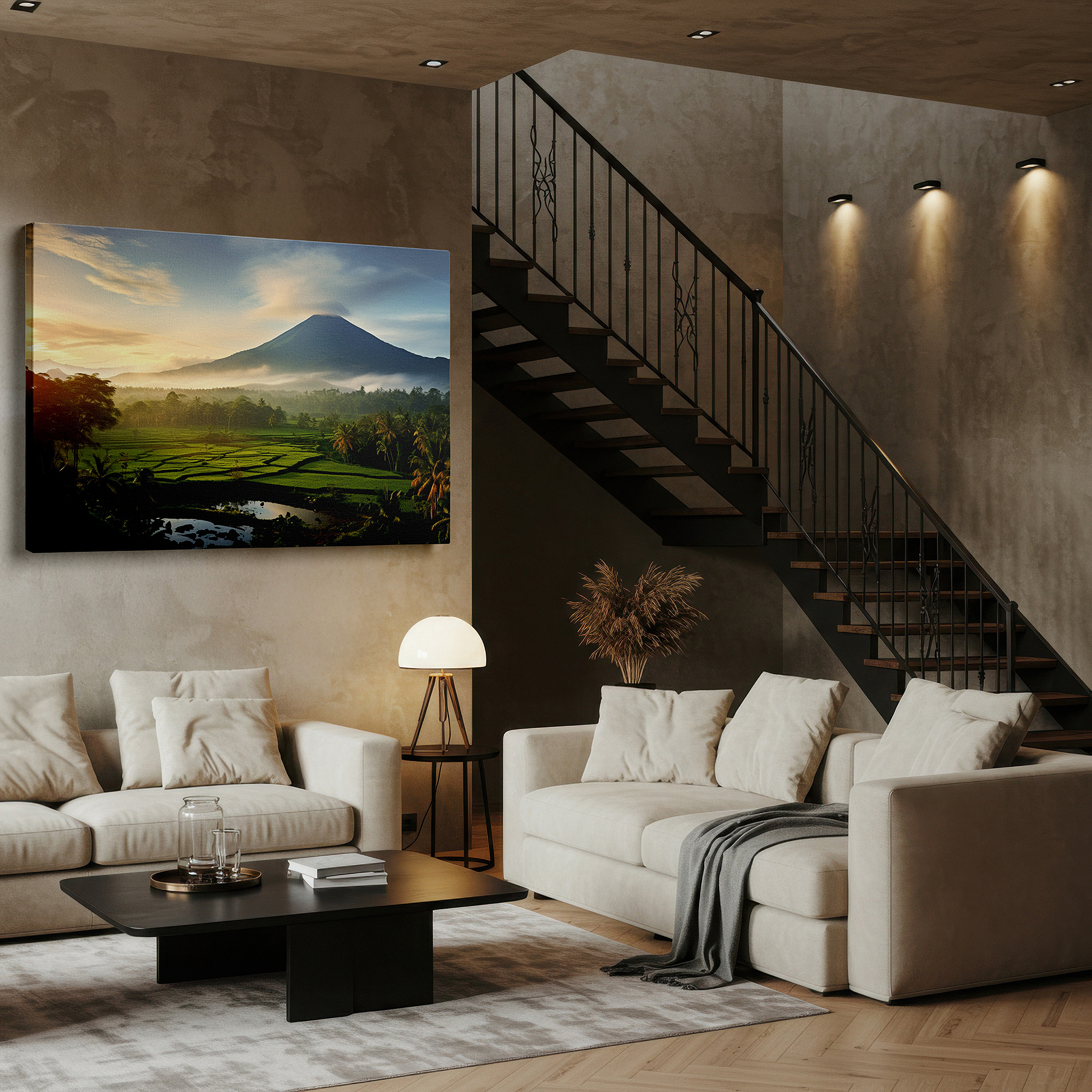 Installation made easy with a centered hook and clean wire mount — volcanic dawn majesty: lush landscapes and golden light large canvas wall art for home and office decor