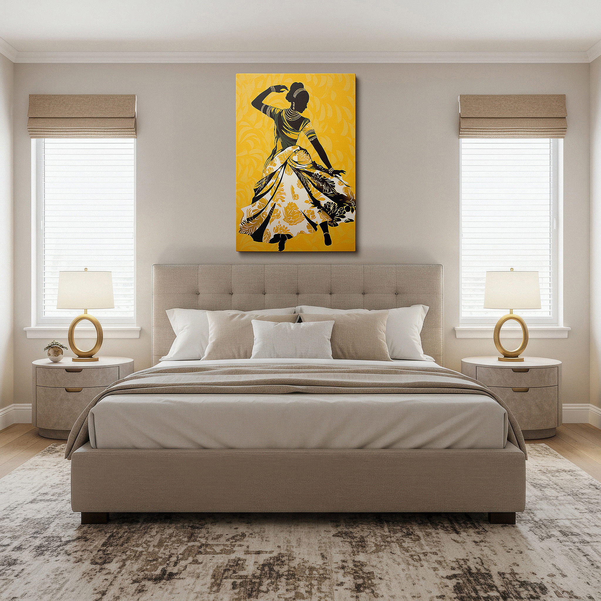 Installation made easy with a centered hook and clean wire mount — wall art: elegant dancer in a flowered dress on a bright yellow background, representing femininity and freedom - large canvas wall art for home and office decor