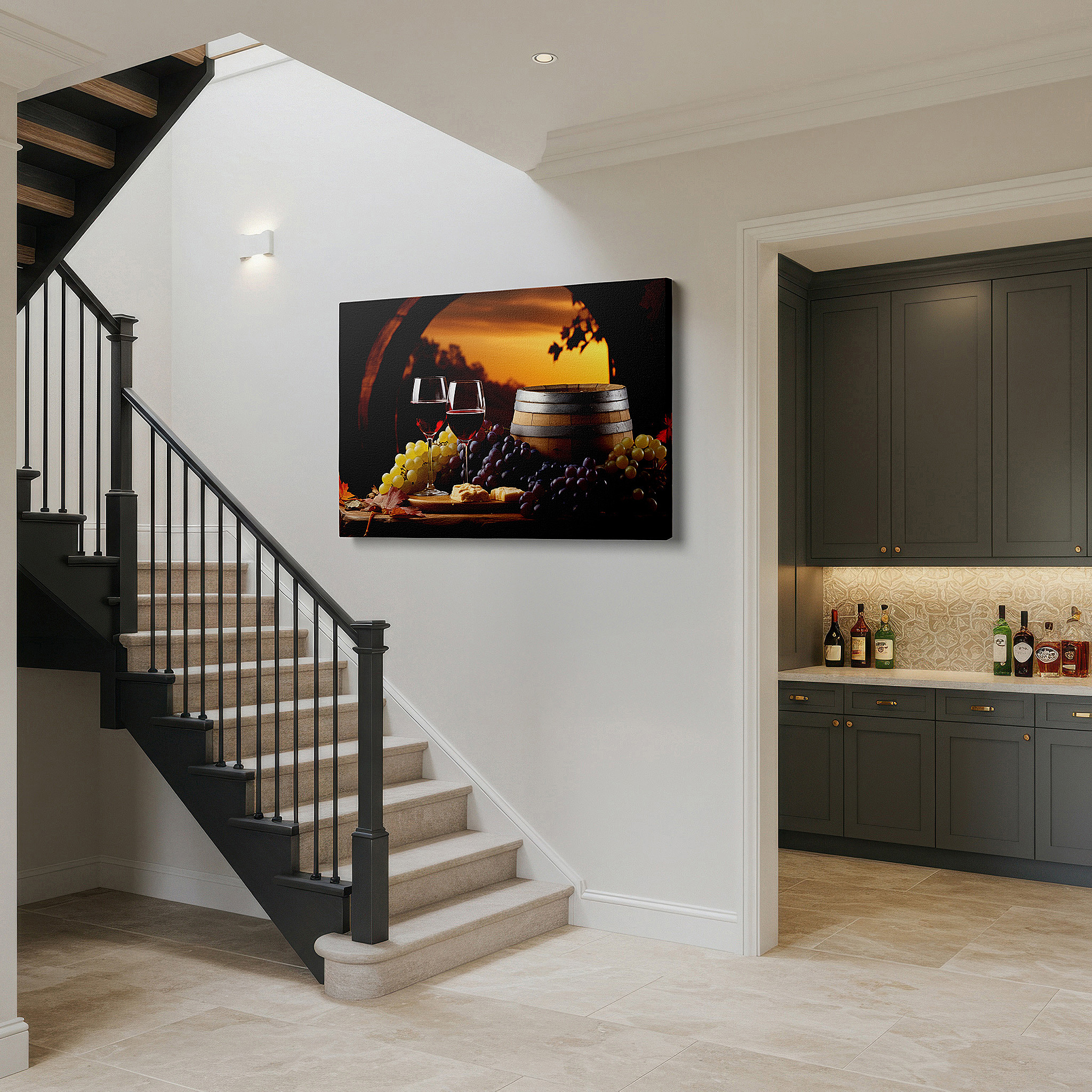 Installation made easy with a centered hook and clean wire mount — wall art: explore culinary excellence and artisan craftsmanship featuring wine, cheese, and grapes - large canvas prints for home and office decor